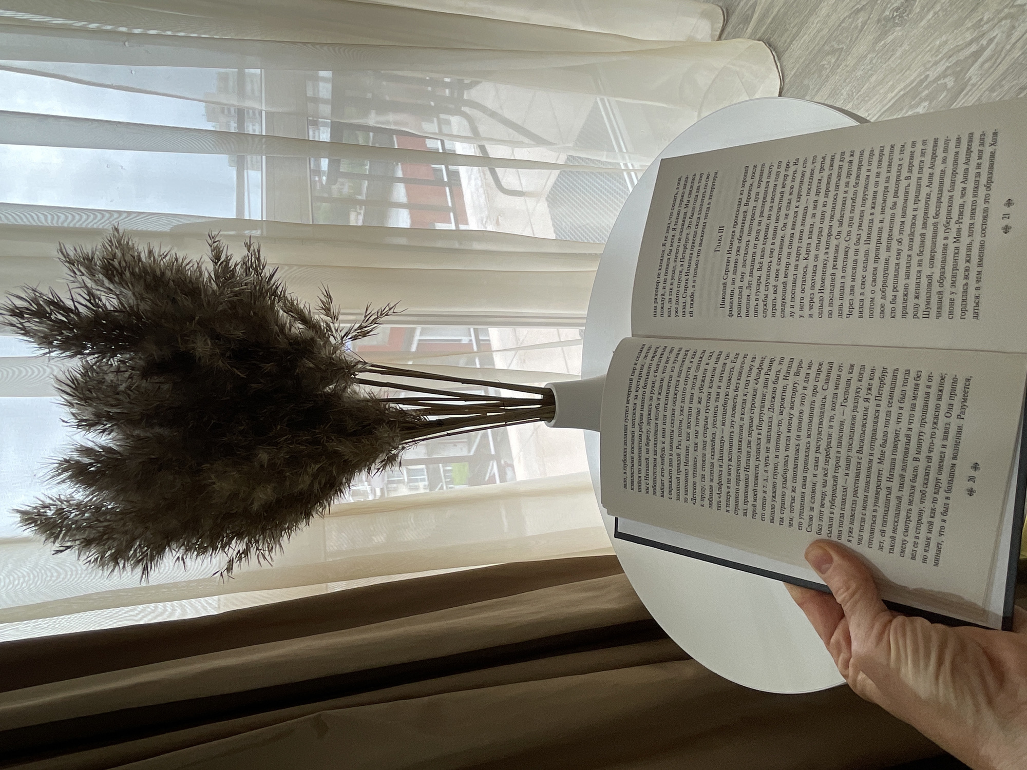 A hand holds open a book on a white round table next to a white vase filled with dried plants. A window is behind the table and vase, covered by a semi-transparent white blind. Through the blinds, the exterior is blurred with city buildings and sky. The foreground is dominated by a brown curtain or fabric. The book's pages display dense text in a non-English script. The location is likely a residential setting in a city with urban views, however the image does not contain the location of Sochi, Russia.
