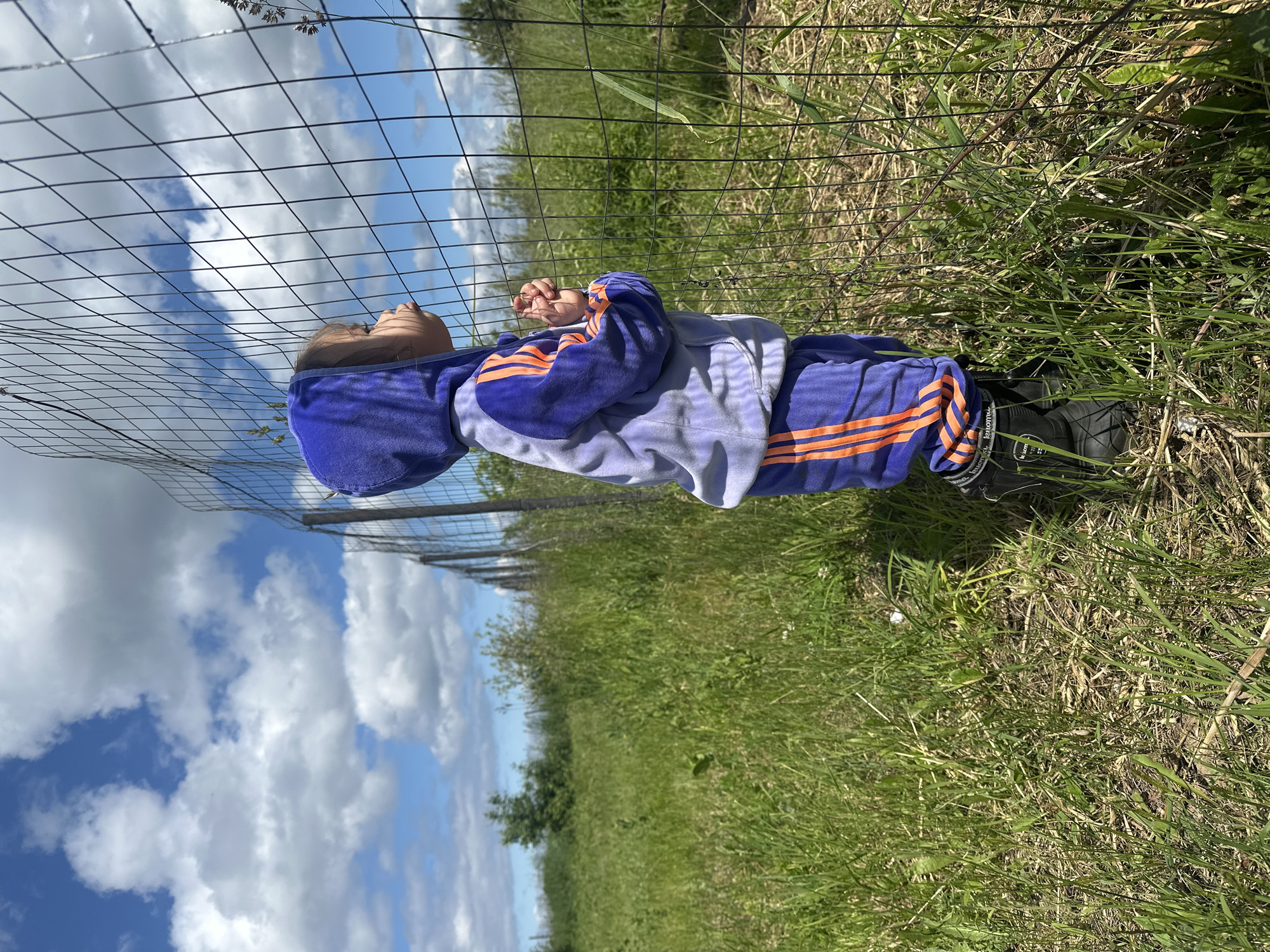 A young child, viewed from the side, stands facing a chain-link fence in a grassy, outdoor area. The child is wearing a purple hooded tracksuit with orange stripes on the sleeves and pants, and black boots. Their hands are clasped together near the fence. The background consists of tall green grass, some dried grass, and a few sparse bushes and trees. The sky above is blue with fluffy white clouds. The scene appears to be in a rural or undeveloped area. The specific location in the city of Kharnavy, Russia, cannot be determined from the visual information provided.