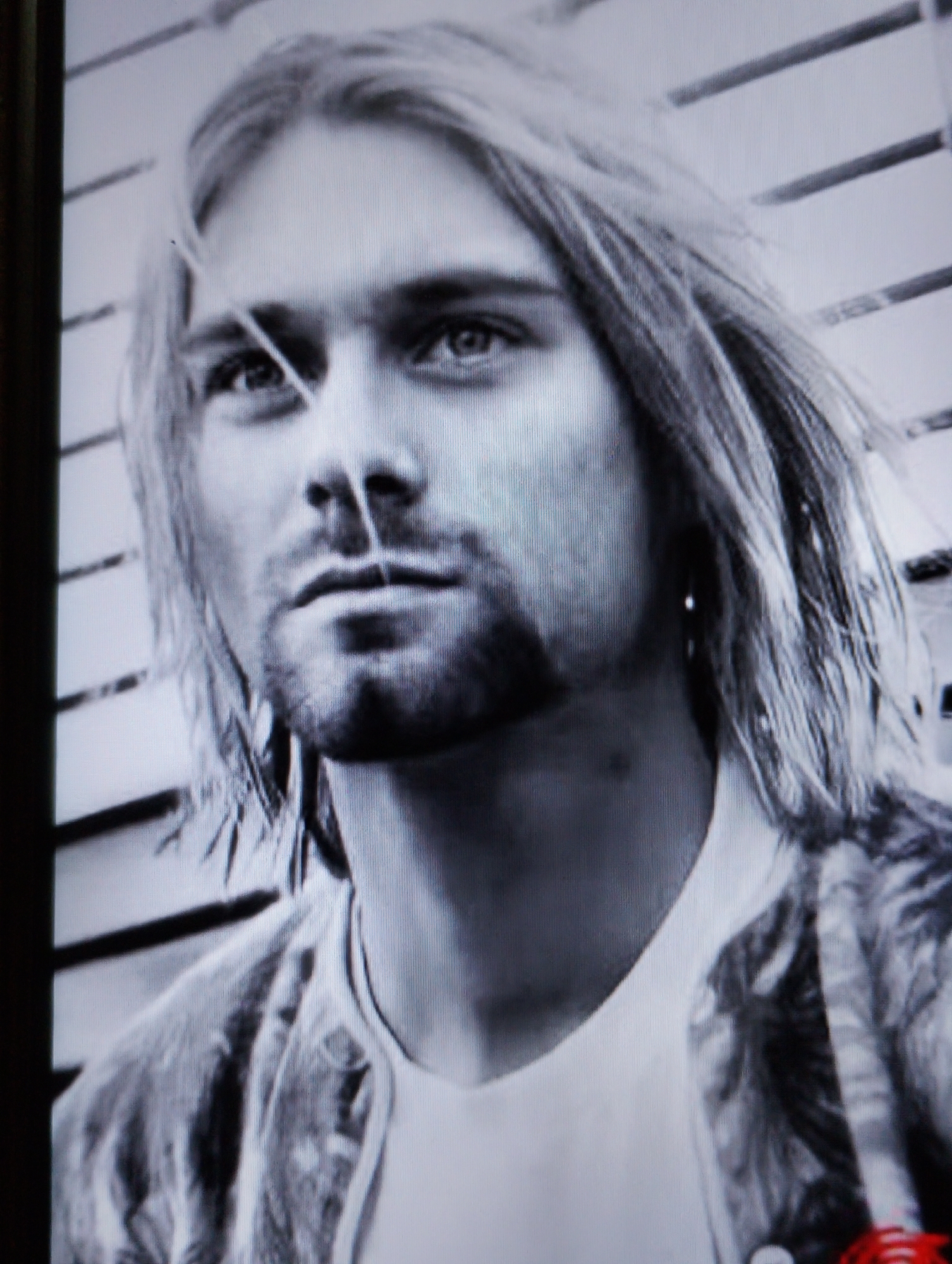 The black and white image is a close-up, waist-up shot of a white male with long, light-colored hair. He has light-colored eyes and appears to be wearing a light-colored shirt and a patterned jacket. The background consists of horizontal lines, possibly blinds or slats. The image appears to be a photograph displayed on a screen, as indicated by the pixelation and a dark border on the left side.