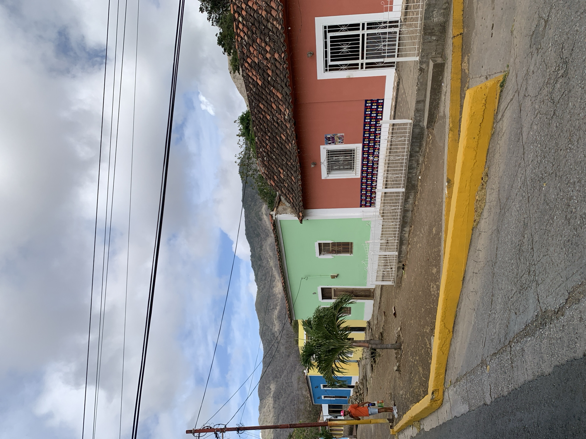 The image depicts a street scene in Tacarigua, Venezuela, featuring a row of colorful buildings. The buildings are painted in vibrant shades of coral, lime green, yellow, and blue. A small palm tree stands in front of the yellow and blue buildings. A mountain range is visible in the background. A man in an orange shirt and khaki shorts is standing near the blue building. Power lines run across the top of the image, and a yellow curb borders the street.