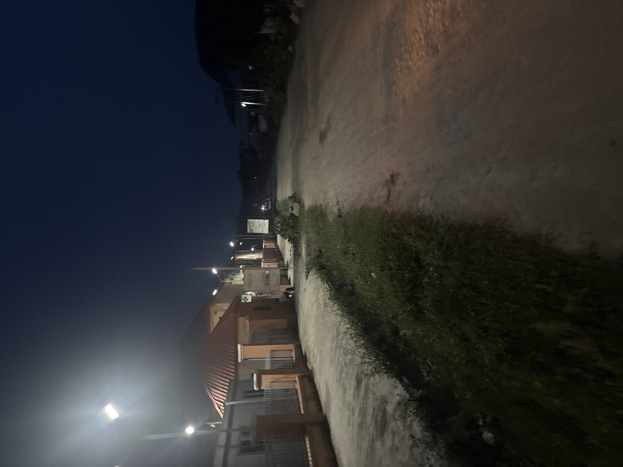 A nighttime, eye-level, medium shot shows a paved road in Angwan Sayawa, Nigeria. The road is lined with buildings on the left and vegetation on the right. Streetlights illuminate the scene. The sky is dark blue, indicating it is late at night. The road surface is light brown and appears wet in places, reflecting the streetlights. There are no people visible in the image. A building with a red roof is prominent on the left side of the road, with a fence in front of it. Further down the road on the left, there are signs posted. The vegetation on the right consists of tall grass and some bushes. The overall impression is of a quiet, sparsely populated area.
