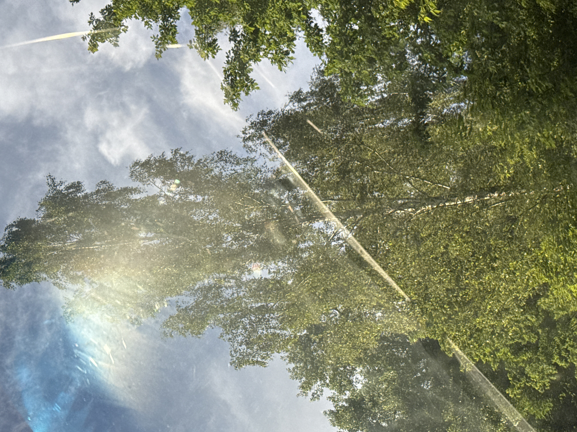 The image captures a bright, sunlit view of trees against a cloudy blue sky, as seen through a window. A diagonal streak of light, possibly from sun glare or a reflection on the glass, cuts across the frame from the lower left to the upper right. The foliage is lush and green, with the leaves of deciduous trees creating a dense canopy. The sky is populated by wispy white clouds. There are no people or animals visible in the scene. The image appears to be taken from an interior space looking outwards, evidenced by the light effects on the glass. The location is specified as Роўкавіцкі сельскі Савет, Belarus, implying an outdoor natural setting within a rural area.