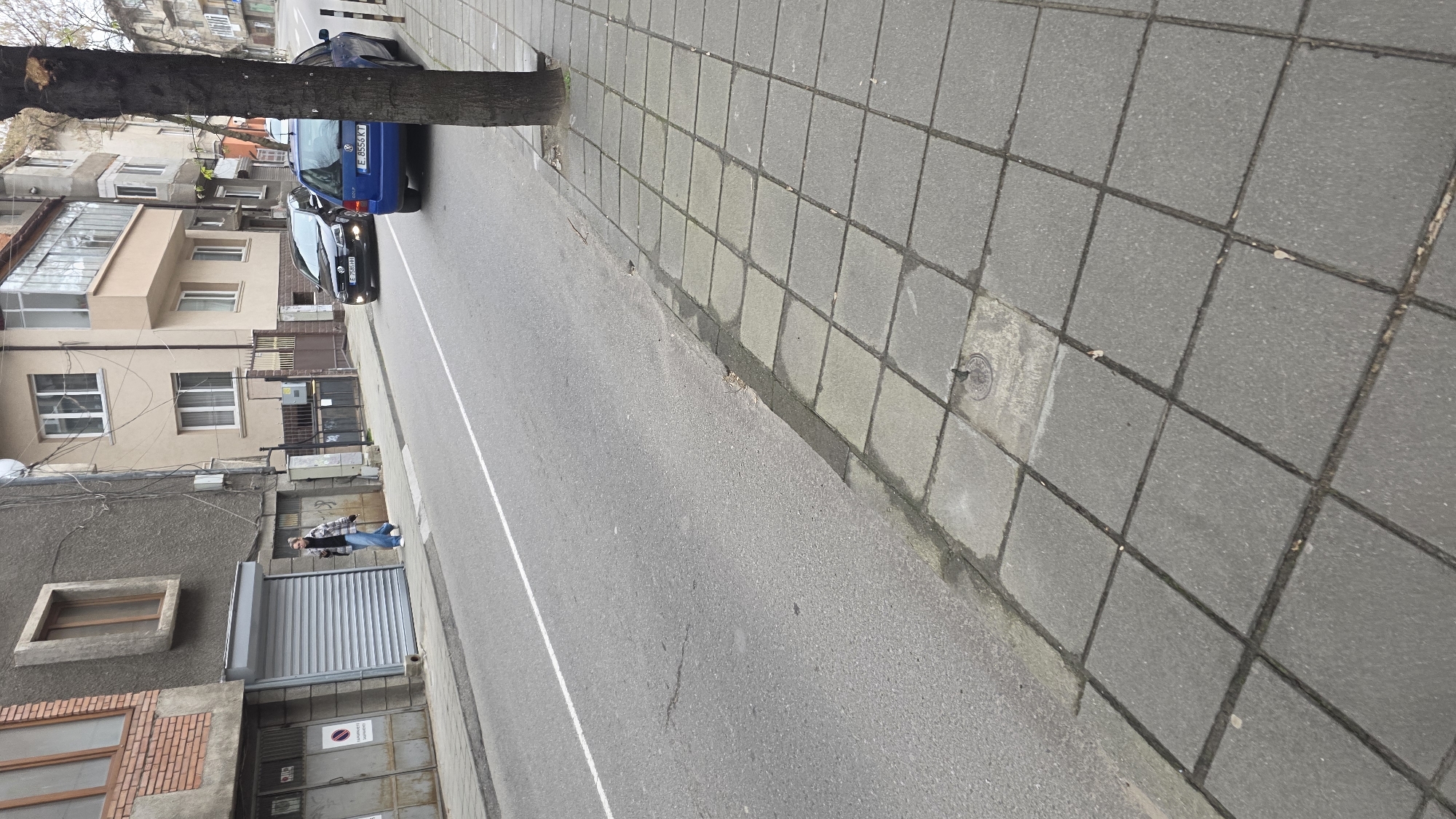 A slightly angled shot shows a street scene in Blagoevgrad, Bulgaria. A man in a plaid shirt stands outside a garage with a closed metal shutter. A blue Volkswagen van and a black car are parked along the road, near a tree. The street has a white line marking lanes. The sidewalk is paved with grey square tiles. Buildings of various heights are visible on the left.