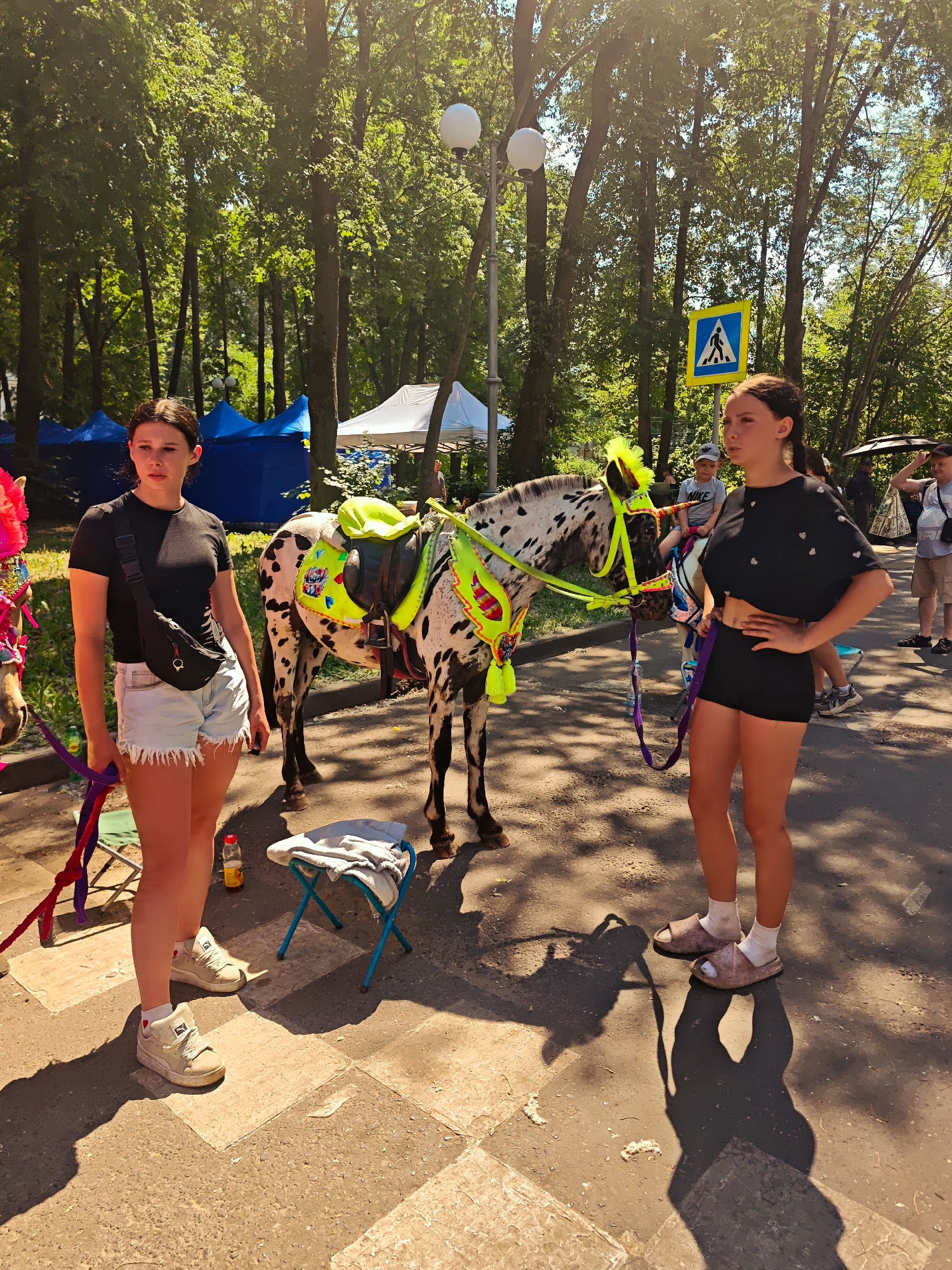 Two young women and a dappled horse are in a park in Kimry, Russia. The horse is decorated with neon green and yellow accents, including streamers and tassels on its bridle and saddle. The woman on the left is wearing a black t-shirt, light denim shorts, and white sneakers. She is holding a purple and red ribbon. The woman on the right is wearing a black cropped t-shirt with white hearts and black shorts, and she has on light brown slippers and white socks. She has one hand on her hip. Behind them, there are trees, blue and white tents, a pedestrian crossing sign, and other people in the background. The ground is paved with light and dark square stones. A small blue stool is set up near the horse.