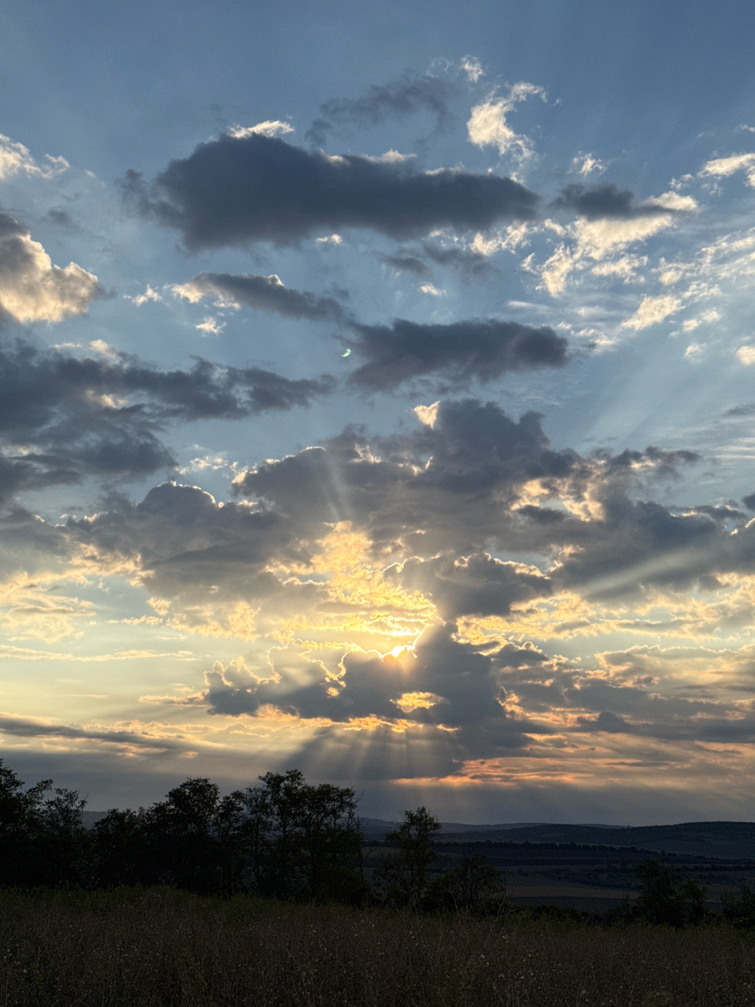 The image shows a dramatic sunset over a rural landscape. The sky is filled with a mix of dark, ominous clouds and brighter, sunlit patches. Rays of sunlight break through the clouds, creating a dramatic effect. In the foreground, there are silhouetted trees and dry grass. The background shows rolling hills. The location is identified as Elizavetovca, Moldova. There are no people, animals, or specific man-made structures visible in the immediate scene.