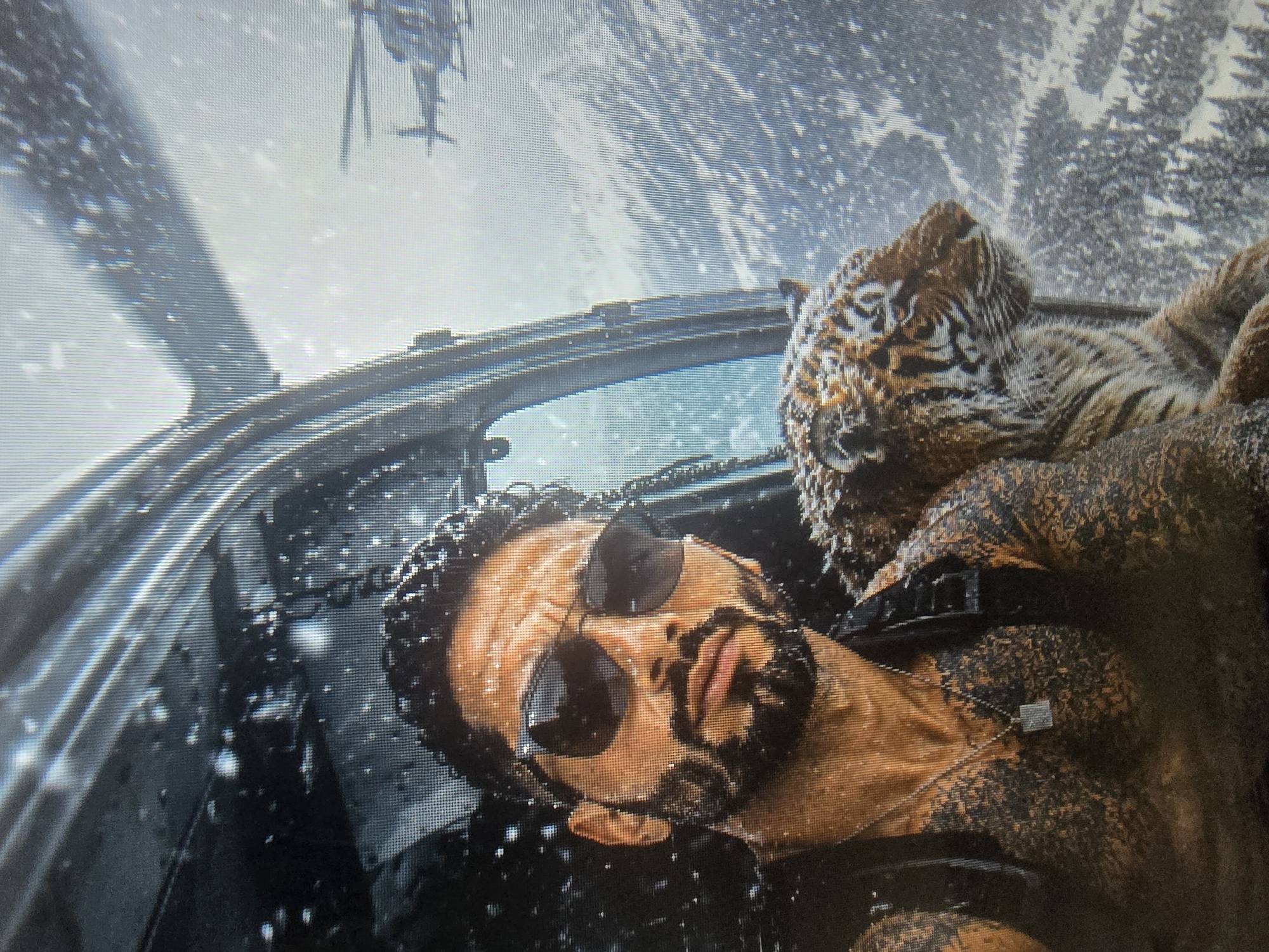 A man wearing sunglasses and a silver necklace is inside a helicopter, taking a selfie with a tiger. The helicopter is flying through a snowy mountainous landscape, and another helicopter is visible in the distance. The man has tattoos covering his chest and arms. The tiger is sitting next to him.