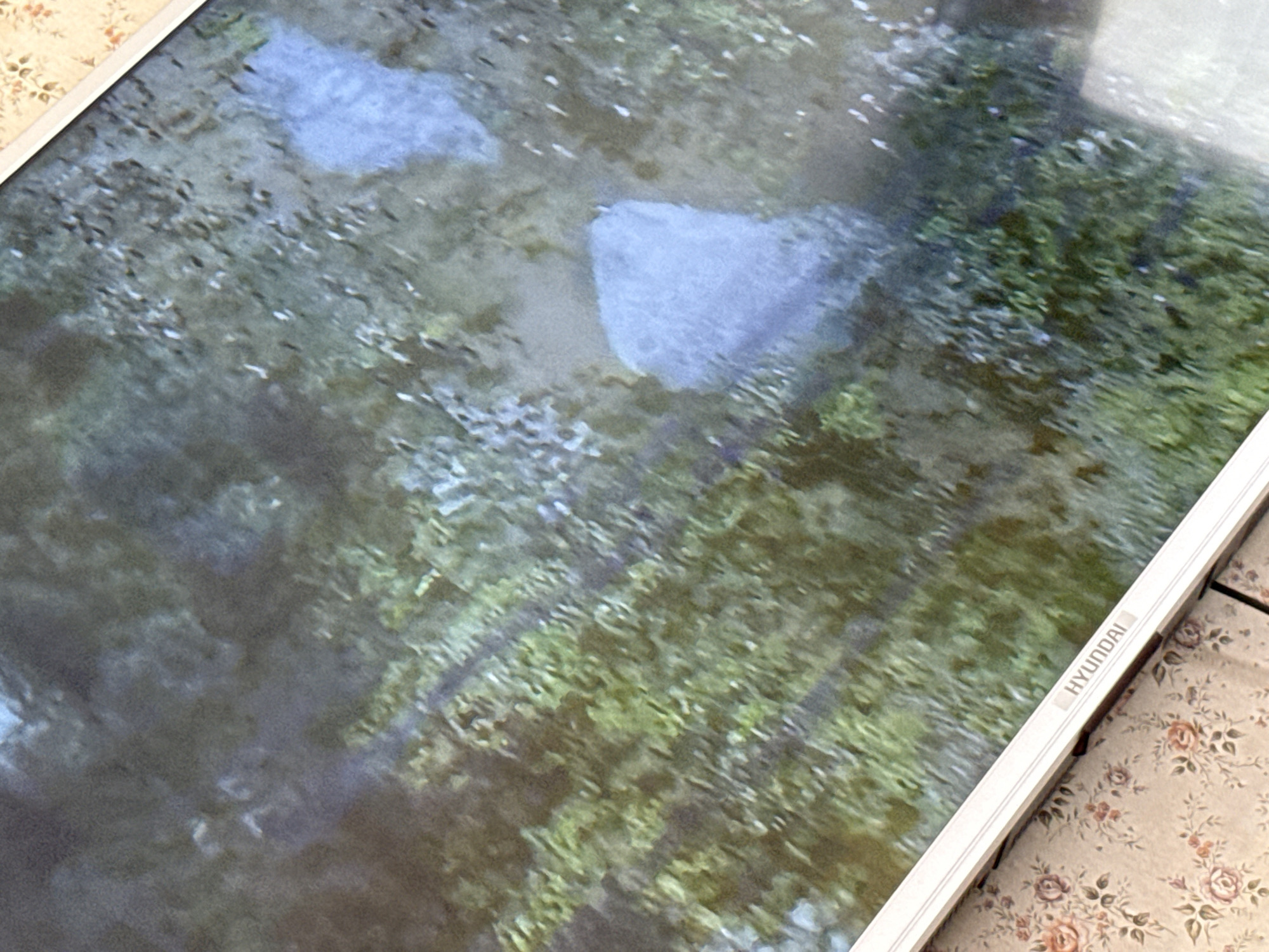 A Hyundai television displays an aerial view of a forest. There are two areas of bright light on the screen, which are presumably caused by sunlight. The TV is sitting on a floral tablecloth. The location in Mytishchi, Russia is not discernible from the image.