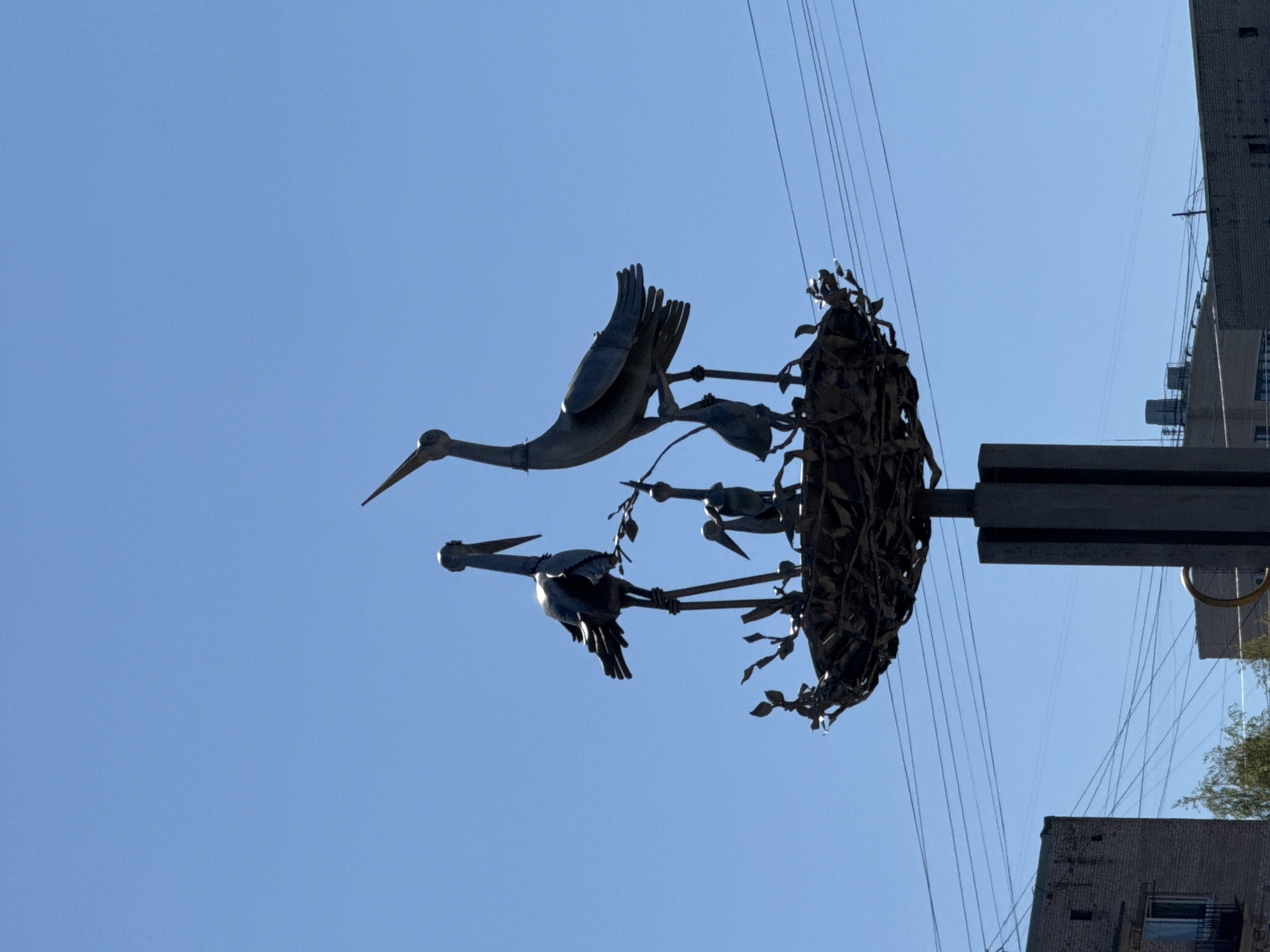 A low-angle shot of a metal sculpture in Vsevolozhsk, Russia depicting storks and a nest against a clear blue sky. The sculpture is mounted on a metal pole. Electrical wires are visible in the background, along with buildings.