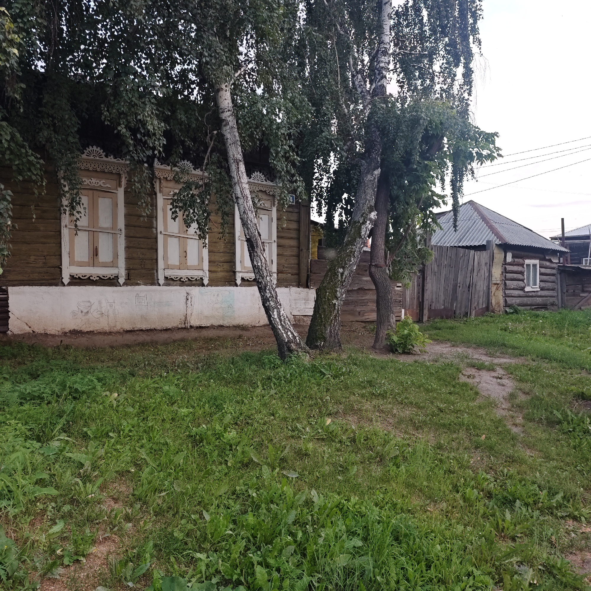 The image depicts a scene in a residential area of Irkutsk, Russia. In the foreground, a patch of overgrown green grass with some bare earth shows signs of a worn path. Behind the grass, a weathered wooden house with a white foundation is visible. The foundation has what appears to be child-like drawings or graffiti. The house features two windows with decorative white trim and wooden shutters. Several large birch trees with characteristic white bark and dark markings stand in front of and to the right of the house, their branches and leaves partially obscuring the building and the sky. To the right of the house, there is a rustic wooden fence and a smaller log structure with a corrugated metal roof and a single window. Overhead power lines are visible against a bright, overcast sky. The overall impression is that of a rural or older suburban setting in Irkutsk.