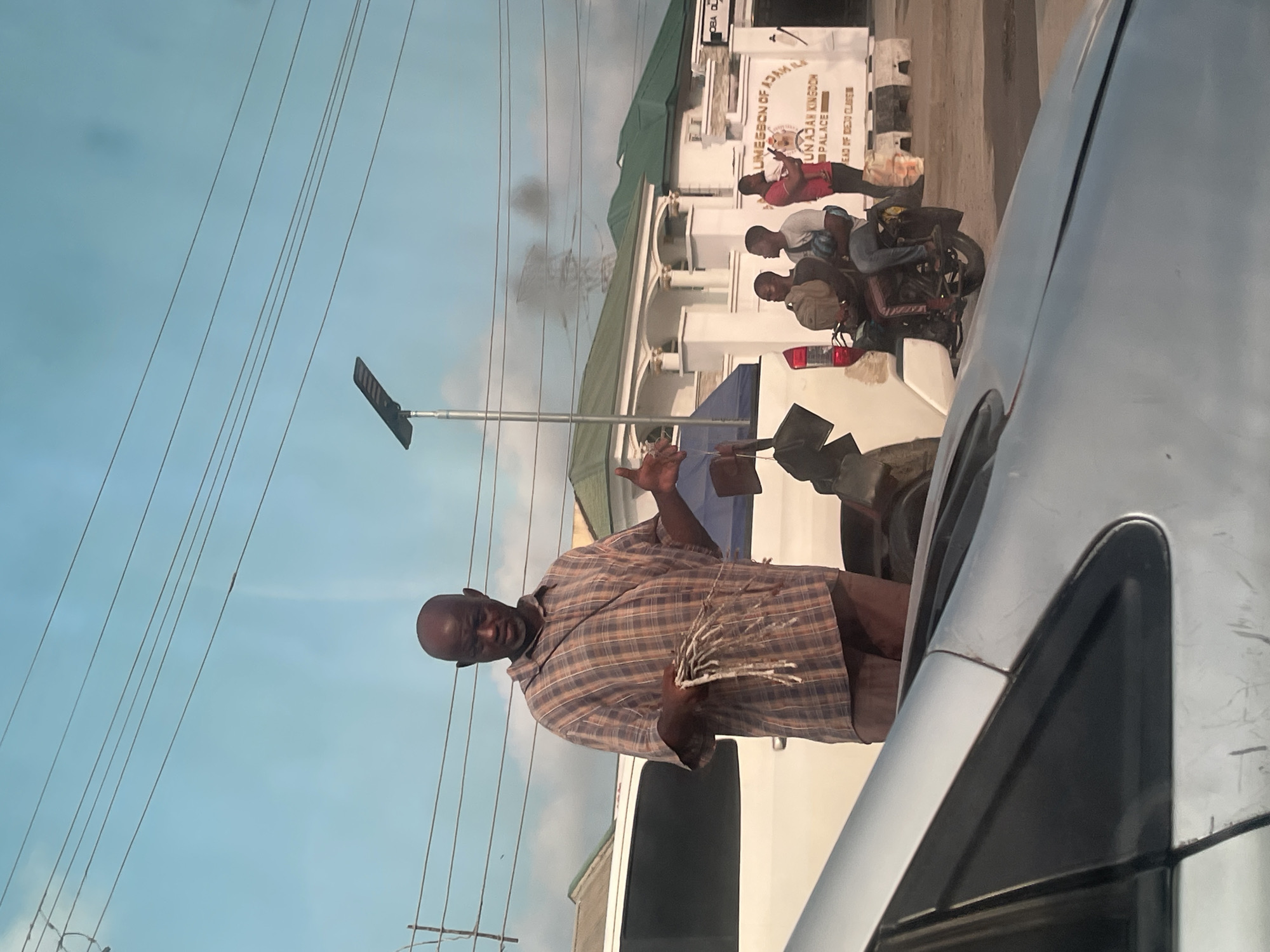 A bald Black man, wearing a checkered shirt and brown trousers, stands on a street in Ado, Nigeria, holding a bundle of what appear to be twigs or roots. He is looking towards the camera with his left hand extended slightly. In the background, a white pickup truck is parked behind him, and further back, several people are gathered around a motorcycle. A sign on a building reads "ILUMEGON OF ADAMA KINGDOM PALACE". Overhead, power lines crisscross the sky, and a street lamp is visible. The scene appears to be captured from inside a vehicle, as the foreground shows the hood and windshield of a silver car.