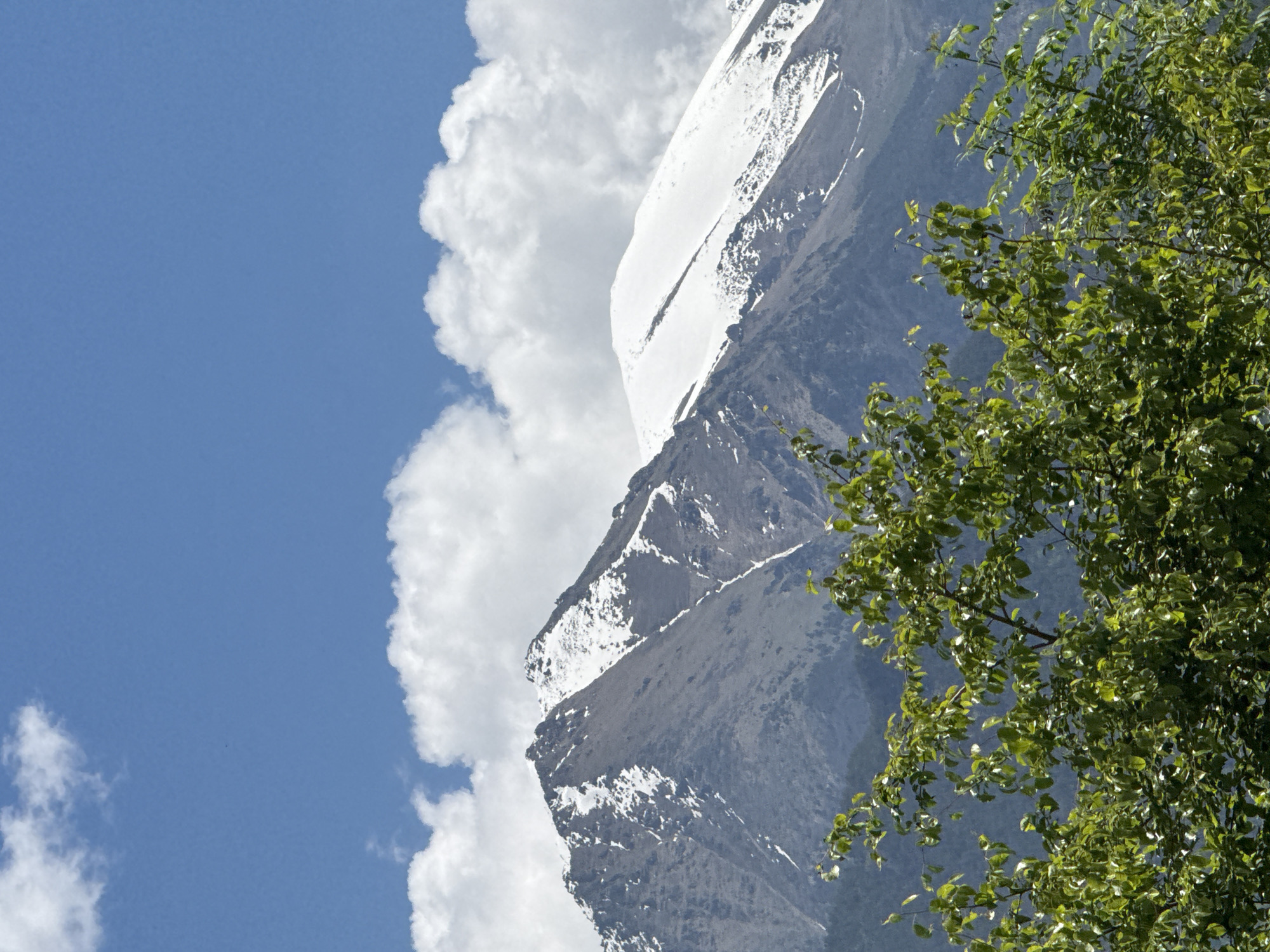 The image captures a majestic mountain range, its peaks partially covered in snow, under a bright blue sky dotted with fluffy white clouds. In the foreground, lush green foliage from trees partially obscures the view of the mountains. The scene is tranquil and natural, suggesting a landscape in a mountainous region. There are no people or man-made structures visible in the frame. The location is identified as Teberda, Russia, a town known for its stunning natural beauty and proximity to the Caucasus Mountains.