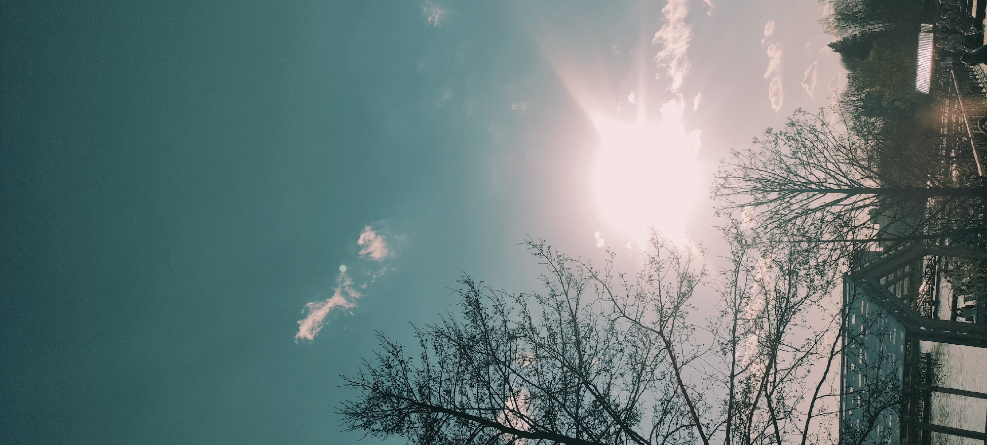 The image shows a view towards the sky, likely in Grebnevo, Russia. The sky is a blue-green hue with some wispy clouds, and the sun shines brightly through the clouds, creating a strong glare. The silhouette of bare trees occupies the lower and right sections of the frame. In the lower right corner, part of a structure, possibly a building or a bridge, is visible. The image appears to have a vintage or filtered look.