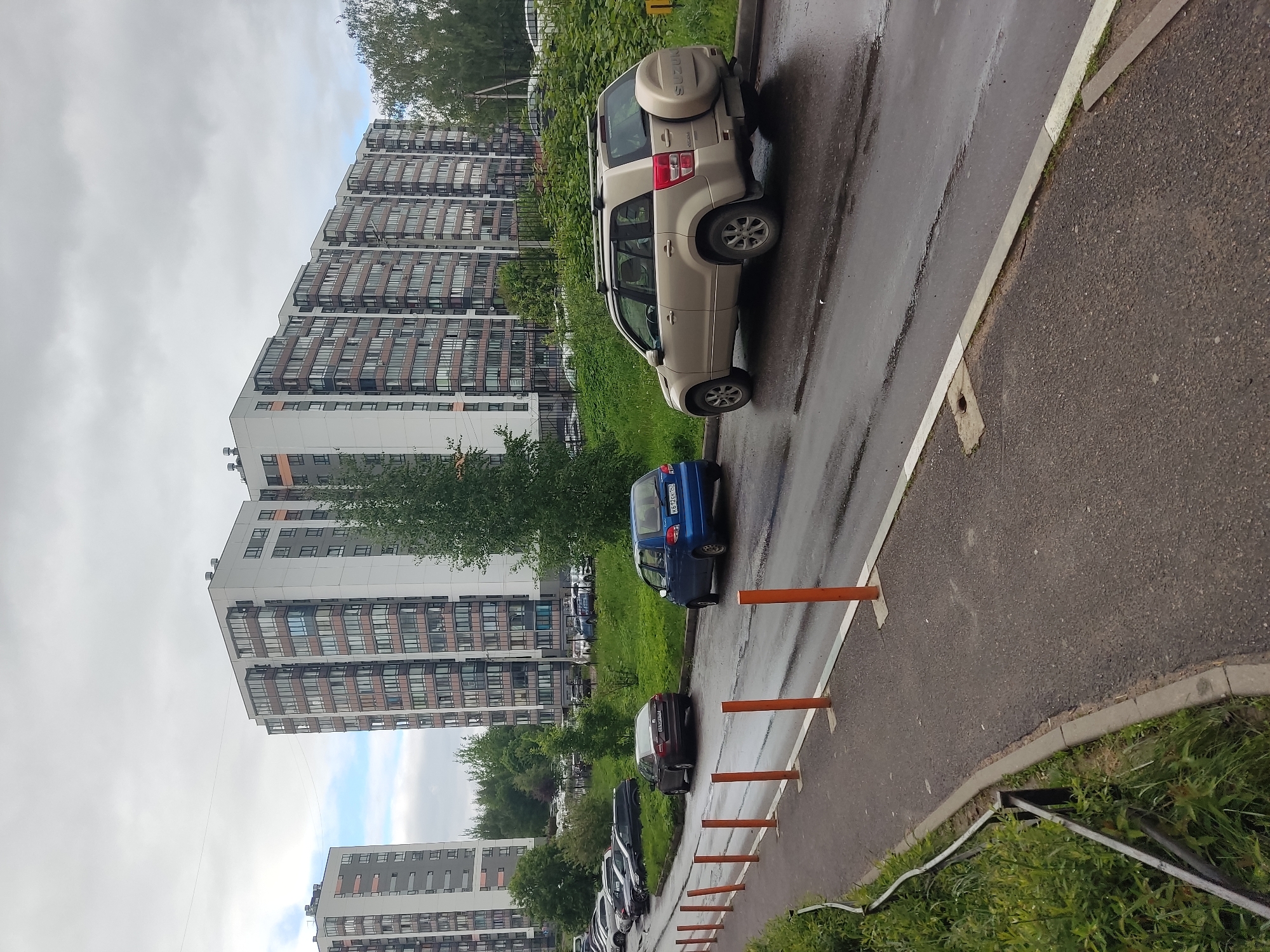The image depicts a residential scene in Koltushi, Russia, characterized by modern high-rise apartment buildings and parked vehicles along a street. The scene appears to be wet, likely after a recent rainfall, with reflections visible on the asphalt. Several cars are parked along the street, including a beige SUV, a blue hatchback, and several other vehicles of varying colors and models. Orange traffic separators are placed along the edge of the road. The apartment buildings are tall and feature many windows, indicating a dense residential area. Vegetation, including trees and grass, is present, adding a natural element to the urban setting. The sky is overcast, suggesting cloudy weather.