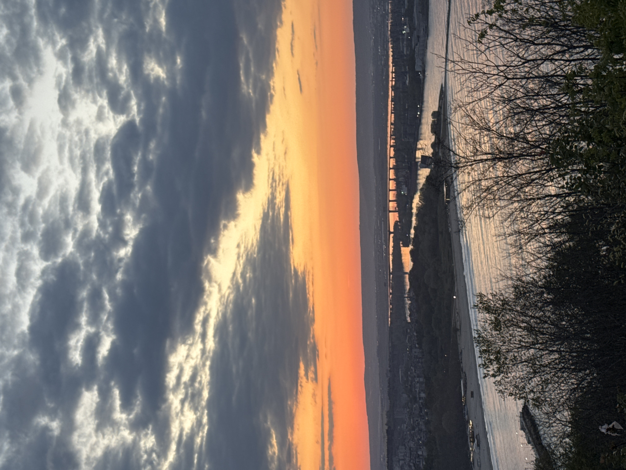 The image shows a view of Varna, Bulgaria, likely taken at sunset. Dominating the left side are dark, textured clouds, transitioning to a vibrant orange sky in the center. To the right, the city extends along the coastline. A bridge-like structure spans a body of water near the shore. The right side of the image features dark foliage, possibly from trees or bushes. The sea reflects the sunset's colors.