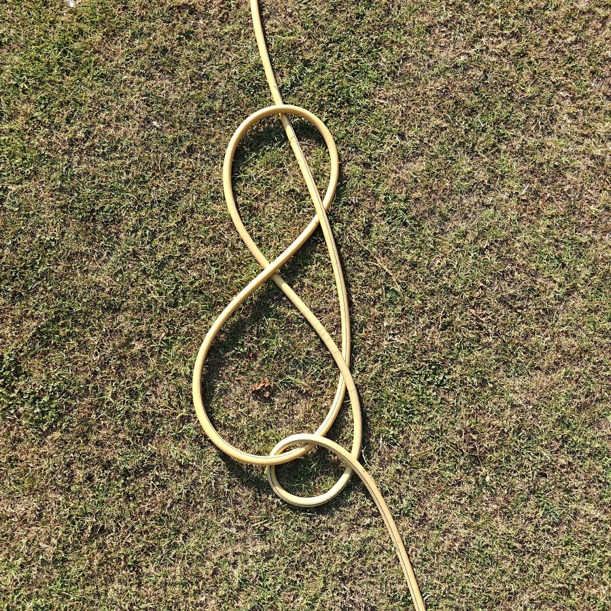A yellow garden hose is laid out on a patch of dry, patchy grass. The hose is coiled into a figure-eight shape, with one loop significantly larger than the other. The grass appears to be a mix of green and brown, suggesting it may be undergoing a dry spell or is in a state of dormancy. The scene is photographed from directly above, casting minimal shadows, indicating the sun is likely high in the sky. The location is noted as Srinagar, India. There are no people or animals visible in the image, and no specific actions or interactions are depicted. The overall environment is a simple outdoor setting.