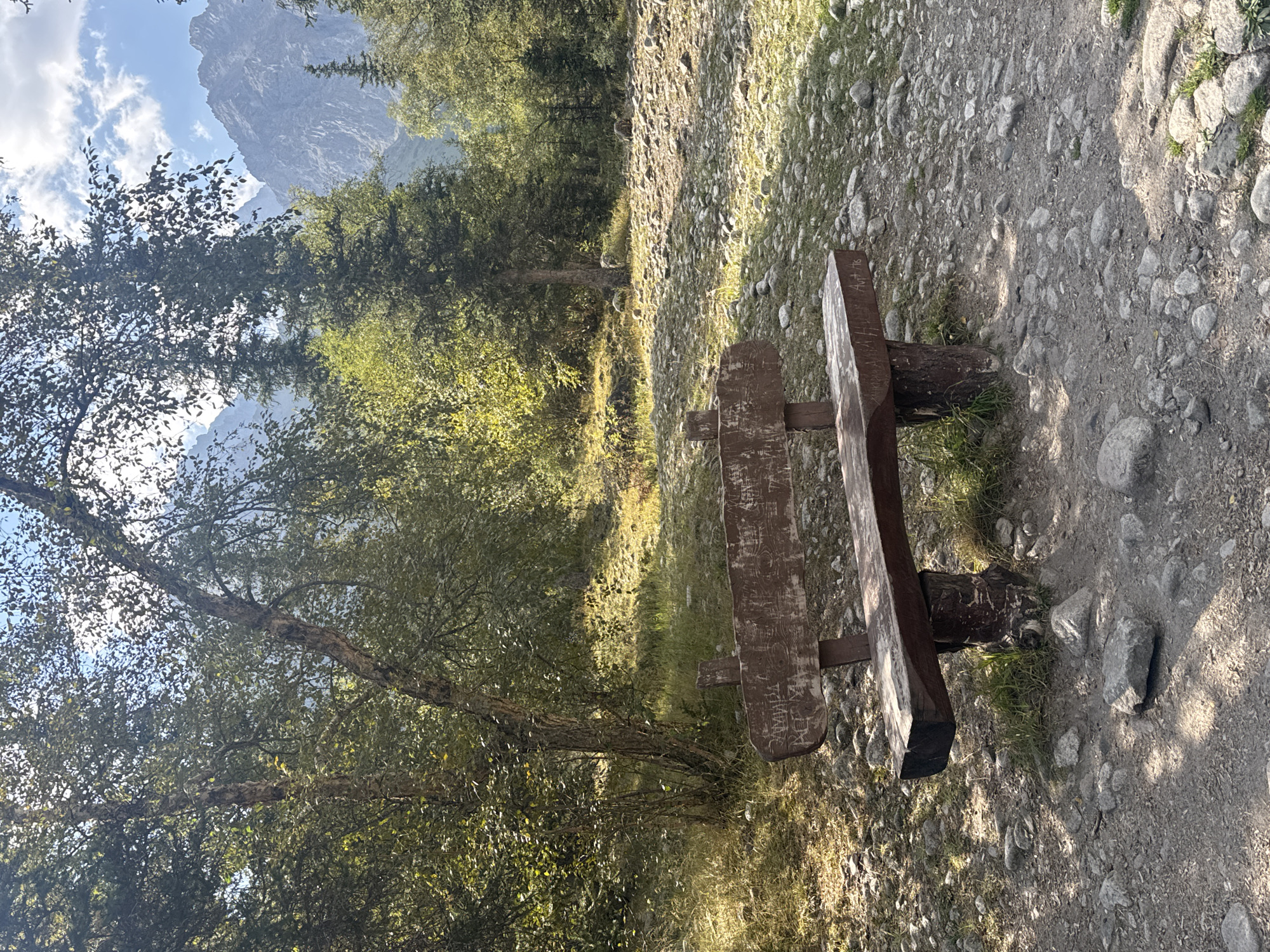 The image captures an outdoor scene in a mountainous, forested area. In the foreground, a rustic wooden bench is positioned on a rocky, dirt path. The bench appears to be made of rough-hewn logs for its legs and a broad plank for its seat and backrest, which is also carved with graffiti. The ground is covered with a mixture of gravel, stones, and sparse vegetation. Surrounding the bench, trees with green foliage are visible, and in the background, rugged, rocky mountains rise under a partly cloudy sky. The lighting suggests it is daytime, with sunlight casting shadows from the trees onto the ground. The environment appears natural and somewhat wild, possibly a hiking trail or a resting spot in a park or natural reserve. The specific location is not identifiable from the image alone.