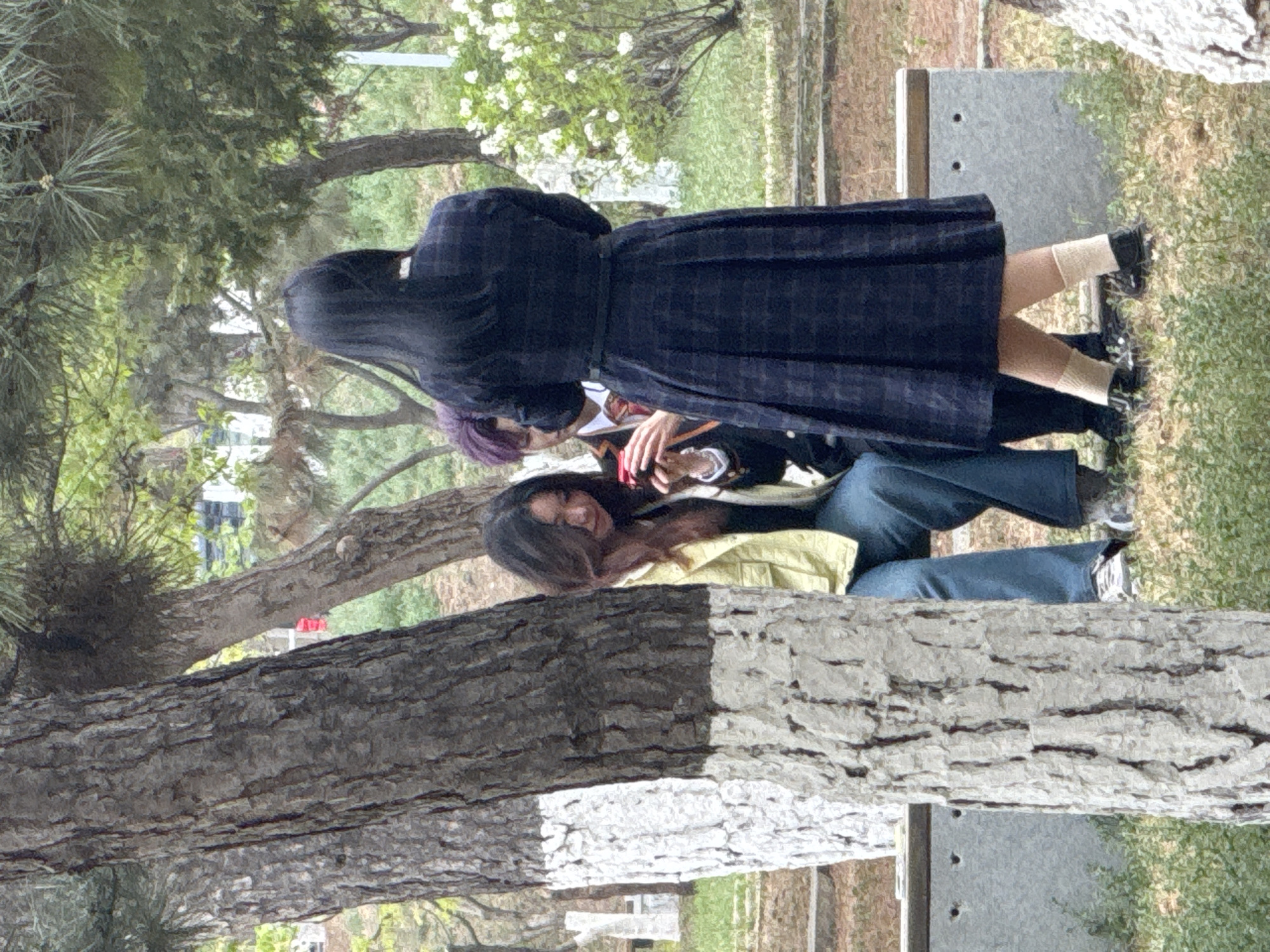 The scene depicts four individuals positioned in a park-like environment, likely in Zhongtun, China. A tree trunk occupies the foreground, running horizontally across the lower portion of the frame. The bark is textured with a combination of grey and white hues.
Behind the tree, two individuals sit on a concrete bench. One is wearing a blue jacket and blue pants, leaning slightly forward. The other person is wearing a dark jacket over an unknown piece of garment with purple hair and is observing another person’s hands. A third person, situated further back, is wearing a black plaid dress with knee-high socks and black shoes. This individual stands with their back turned, obscuring their actions and interactions. The final person is only a set of hands that are holding something.
The setting includes trees and greenery, suggesting a park or garden environment. In the distance, a building is visible, further solidifying the location as an urban area. The light is diffused, casting soft shadows and suggesting an overcast day.