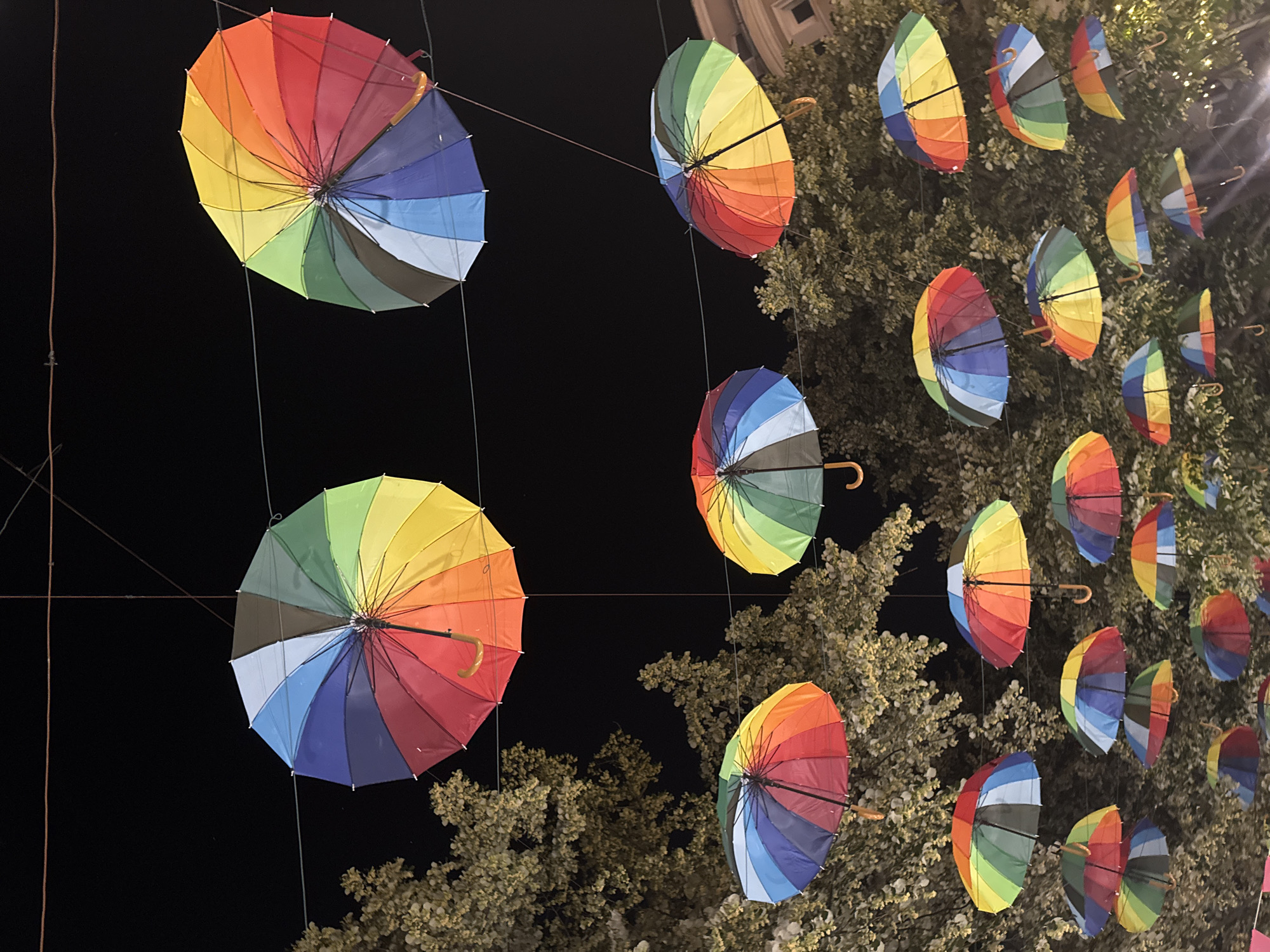 The image shows a nighttime view of a street in Burgas, Bulgaria, decorated with numerous open, brightly colored umbrellas suspended from wires overhead. The umbrellas are arranged at various heights and angles, creating a vibrant canopy. Some are directly overhead, while others are further away, creating depth. The background consists of dark foliage from trees and a hint of a building on the right. The lighting is dim, highlighting the illuminated umbrellas against the dark sky. There are no people visible in the image. The scene appears festive and artistic, likely a temporary installation for an event or decoration.