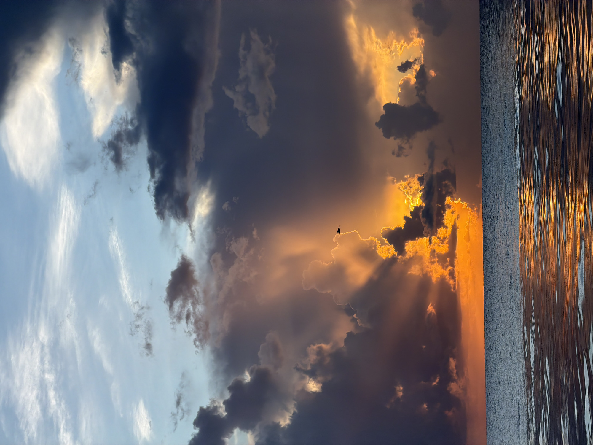A dramatic sunset over the ocean in Miami Beach, United States of America. The sky is filled with a mix of dark, brooding storm clouds and bright, radiant beams of sunlight breaking through. The sun's rays illuminate the clouds with hues of orange, yellow, and pink, casting a warm glow over the scene. A lone bird is silhouetted against the bright sky, soaring through the dramatic cloudscape. The ocean below reflects the vibrant colors of the sunset, with shimmering patterns of light dancing on the water's surface. The horizon line is sharp and clear, dividing the turbulent sky from the calm sea.