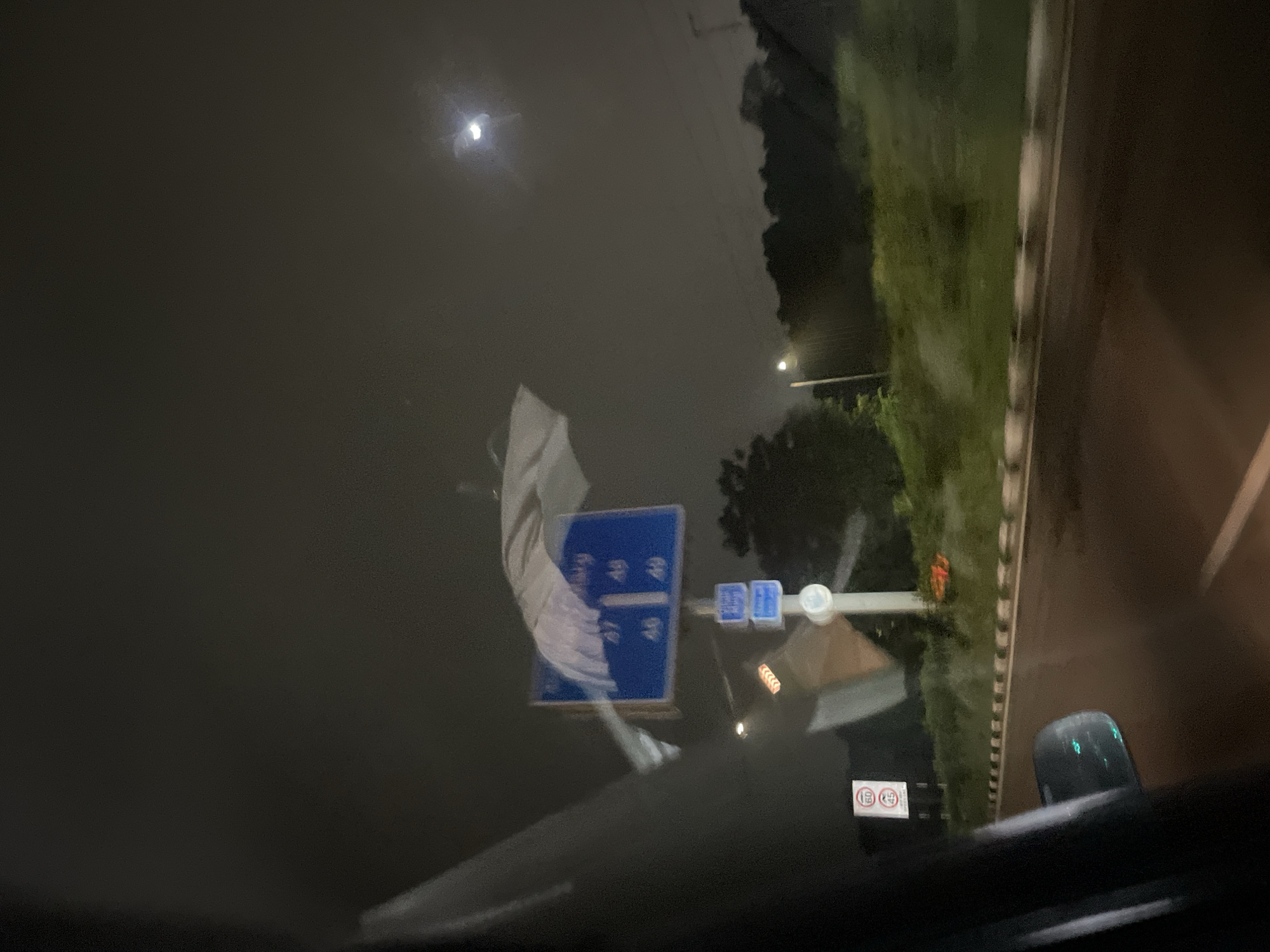 The image captures a nighttime view from inside a vehicle, looking out towards a highway in Chandigarh, India. A blue signpost with white lettering indicates numbers 47, 48, 46, and 49, likely representing distances or route markers. Below this, smaller blue signs and a white pole are visible. To the left, a circular sign with the number '60' inside a red border is mounted on a pole, with another sign below it showing '45'. The road is wet, reflecting the headlights of oncoming vehicles or streetlights. A patch of green foliage lines the side of the road, illuminated by a streetlamp. The moon is partially visible in the dark, cloudy sky. The overall scene suggests a drive on a highway during the night.