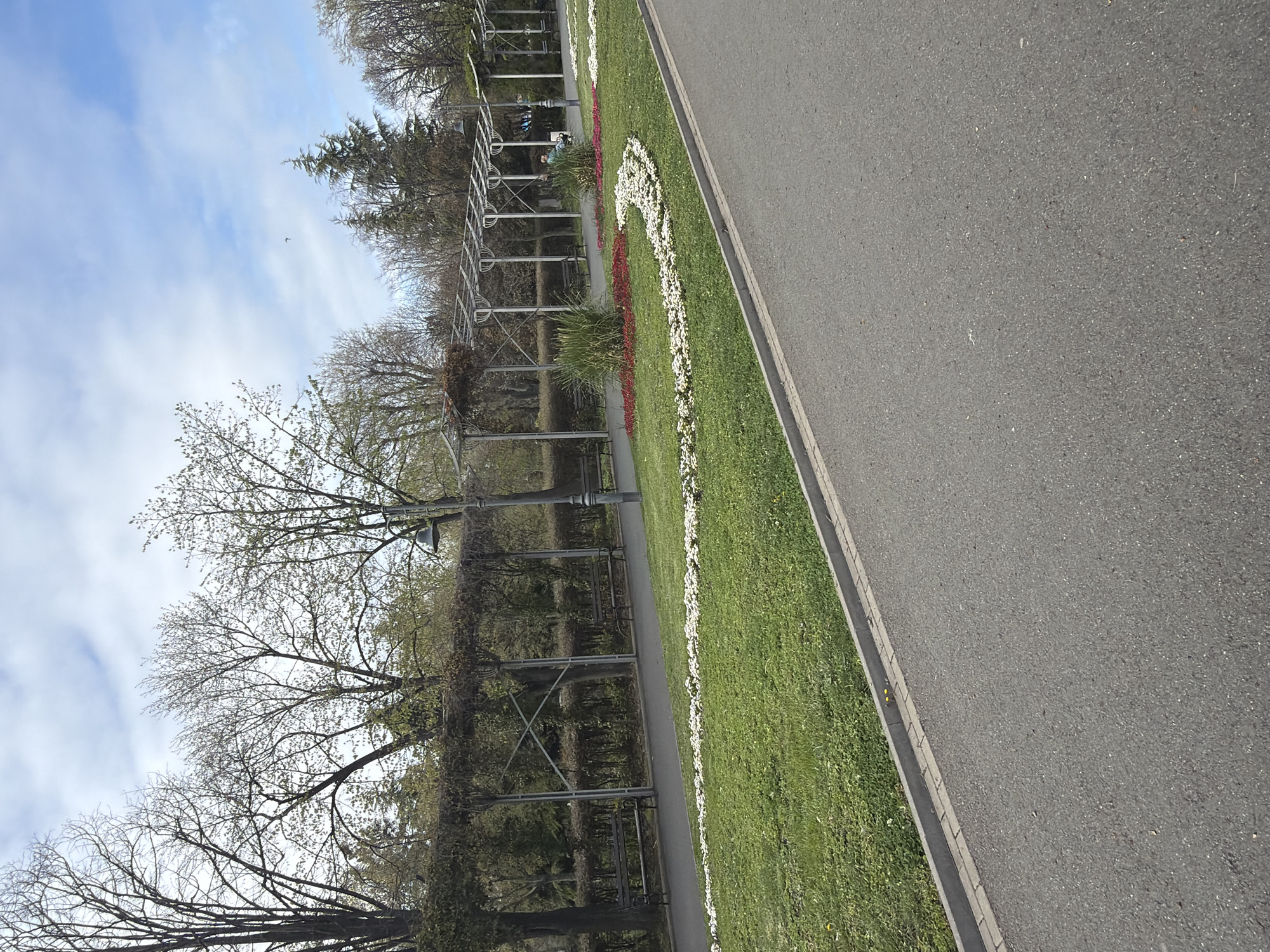 This image depicts a bright, daytime scene in a park or garden located in Burgas, Bulgaria. A wide, grey asphalt path or road runs along the right side of the frame, separated by a narrow concrete curb from a vibrant strip of green grass.
The grassy area in the midground features decorative flowerbeds, including a prominent, winding pattern of small white flowers and a shorter bed of red flowers. Beyond the grass, on the left side of the image, a long metal trellis or pergola structure with dark grey supports extends through the park. Several park benches are visible underneath or adjacent to this structure. One person is seated on a bench under the trellis, wearing a blue top, suggesting a moment of relaxation.
In the background, numerous trees, many displaying sparse spring foliage or budding leaves, rise against a partly cloudy sky. Patches of blue sky are visible between white, wispy clouds. The scene conveys a pleasant day, likely in early spring, in a well-maintained public space. No visible text is present in the image.