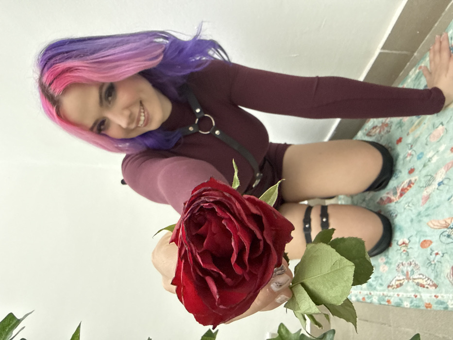 An individual, identified as female, is depicted kneeling on a patterned mat in an indoor environment. Her hair is dyed bright pink on the viewer's left and purple on the viewer's right, styled wavy and parted centrally. She smiles directly at the camera. She wears a long-sleeved, form-fitting maroon top or bodysuit, layered with a black leather chest harness featuring a central silver O-ring and silver studs. Two black studded leather straps are visible on her left thigh. She extends her right arm forward, holding a single dark red rose by its green stem towards the viewer. Her left hand is placed flat on the patterned mat. The mat is light blue with a repeating pattern of butterflies and insects in muted colors. The background is a plain, light-colored wall. No specific identifying features of a location within the City of Zagreb, Croatia, are discernible from the image.