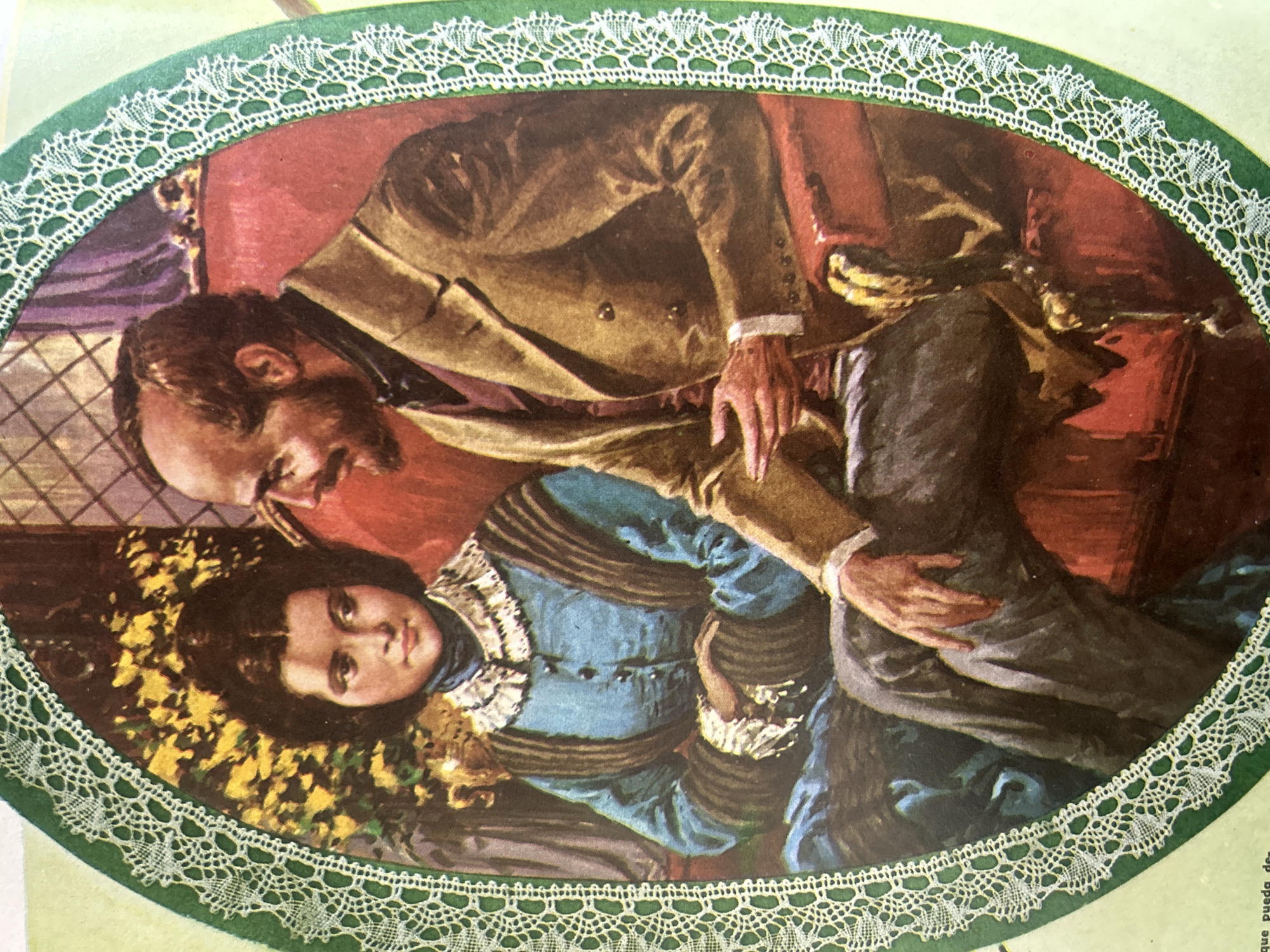 The image depicts an illustration of a man and a woman seated indoors, with a decorative green border and white lace trim framing the scene. The man, on the right, is bald with a beard and is wearing a brown jacket over a purple vest and a dark tie. He is leaning forward, with his right hand resting on his lap and his left hand extended as if speaking. The woman, on the left, has dark hair pulled back and is wearing a blue dress with a ruffled white collar and cuffs, and brown striped accents on the sleeves. She is looking towards the man with a neutral expression. They are seated on a red upholstered chair. Behind them, yellow flowers and drapery are visible, suggesting an interior setting such as a parlor or study. The illustration style is reminiscent of historical depictions, with rich colors and detailed clothing. There is no discernible information in the image that relates to the city of Santa Ana, Venezuela.