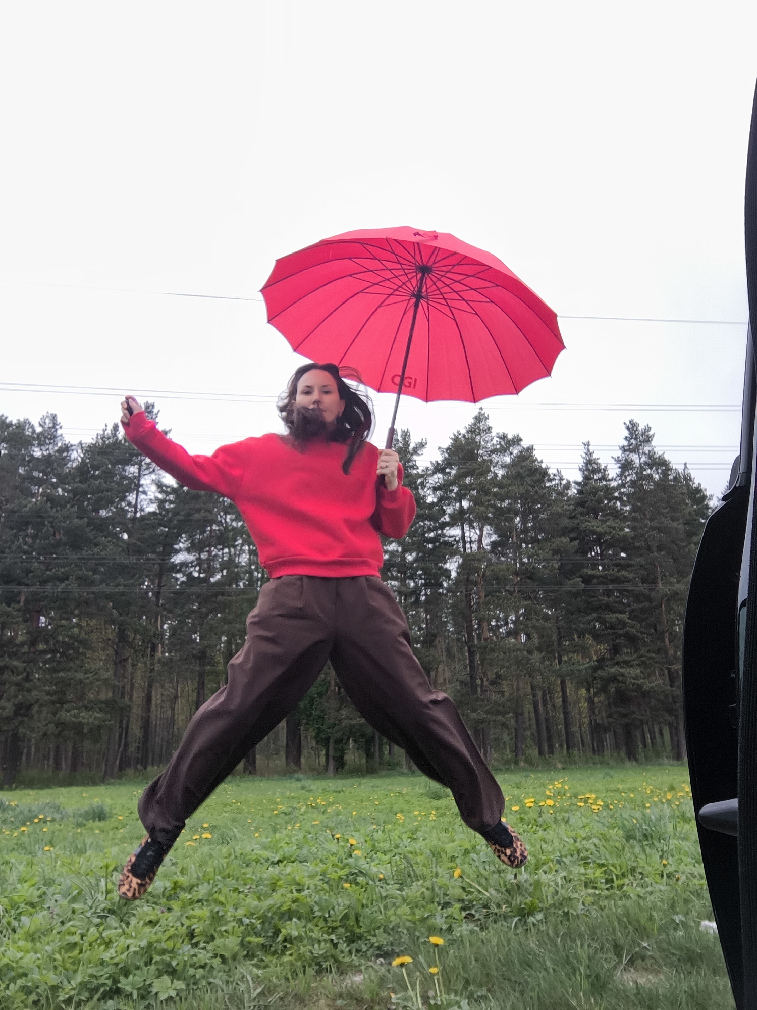 A woman is captured mid-air in a dynamic pose, seemingly leaping or jumping against a natural backdrop. She is wearing a bright red sweater, dark brown pants, and leopard print shoes. Above her, she holds a red umbrella with the letters "OSI" visible on its side. The background features a field of green grass interspersed with yellow flowers, transitioning into a dense forest of tall, dark green coniferous trees. The sky above is overcast, creating a soft, diffused light. The edge of a black vehicle is partially visible on the right side of the frame. Without more specific visual cues, it is not possible to determine the exact location within Riga, Latvia.