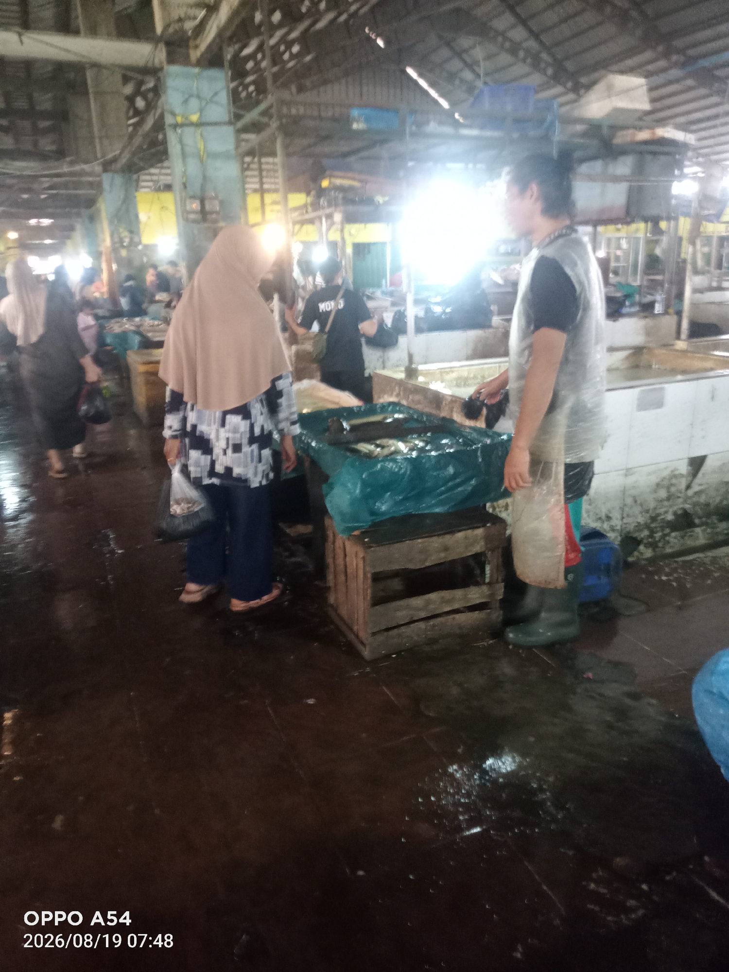 The image captures a bustling fish market in Jambi, Indonesia, likely during the morning given the timestamp. In the foreground, a person wearing a beige hijab and a patterned blue and white shirt stands with their back to the camera, holding a plastic bag with small fish. To their right, a person wearing a clear plastic apron over a dark shirt and green rubber boots is attending to a large blue tarp-covered container filled with fish, also holding a plastic bag. The market environment is evident with its high ceiling, exposed beams, and stalls where goods are displayed. The floor appears wet and reflective, typical of a place where fish are sold and handled, suggesting recent activity. The overall atmosphere is that of a working market, with people engaged in transactions and the sale of fresh produce. The timestamp indicates the image was captured on August 19, 2026, at 07:48 AM.