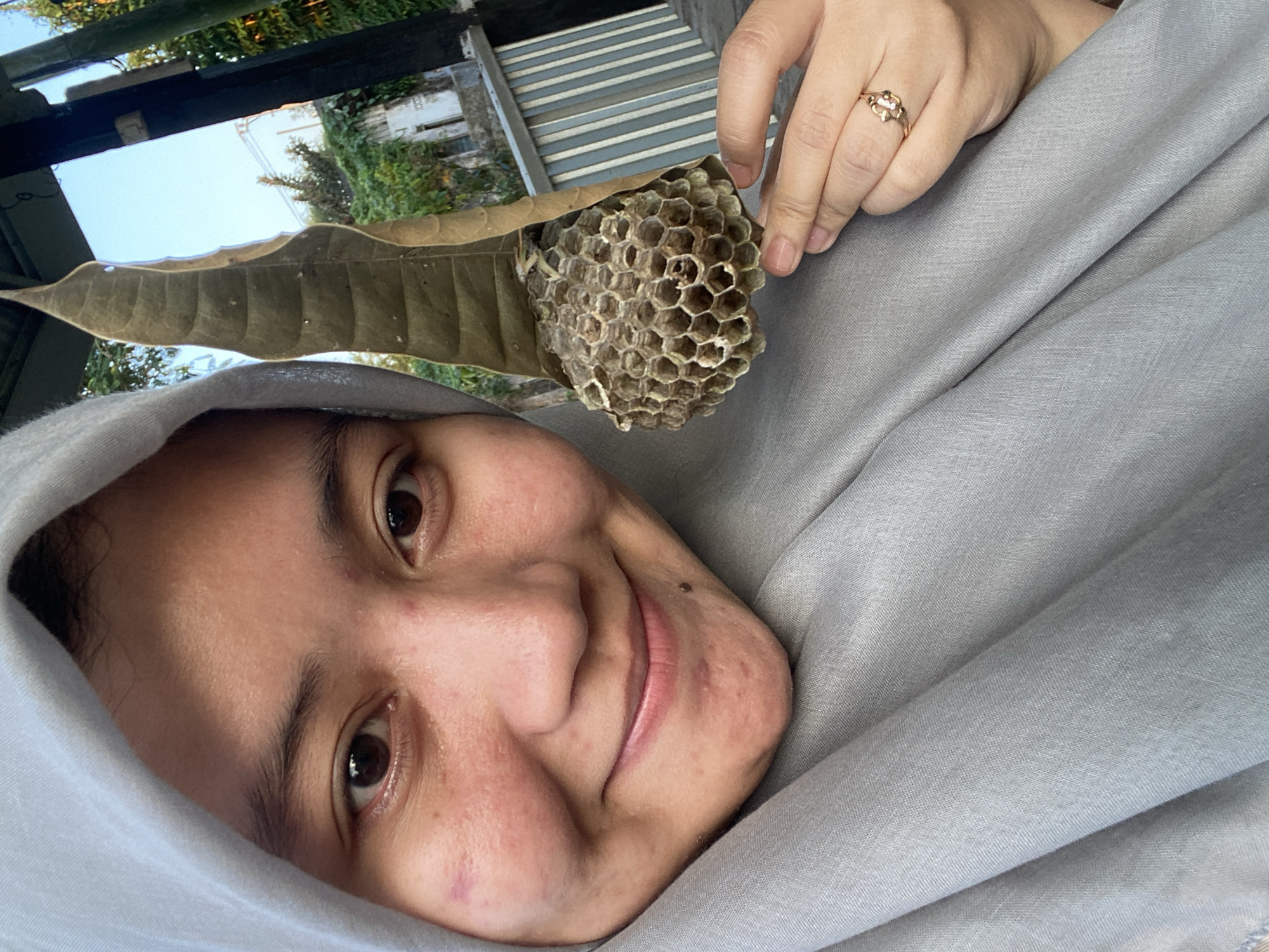 A young woman wearing a gray hijab is taking a selfie outdoors. She is smiling and holding a small, dried wasp nest in her right hand, with a large brown leaf attached to it. The nest is made of hexagonal cells. She is also wearing a gold ring with a small gem on her right ring finger. The background shows some greenery, a building, and a clear blue sky, suggesting a location in Banjarbaru, Indonesia. The lighting indicates it is daytime.