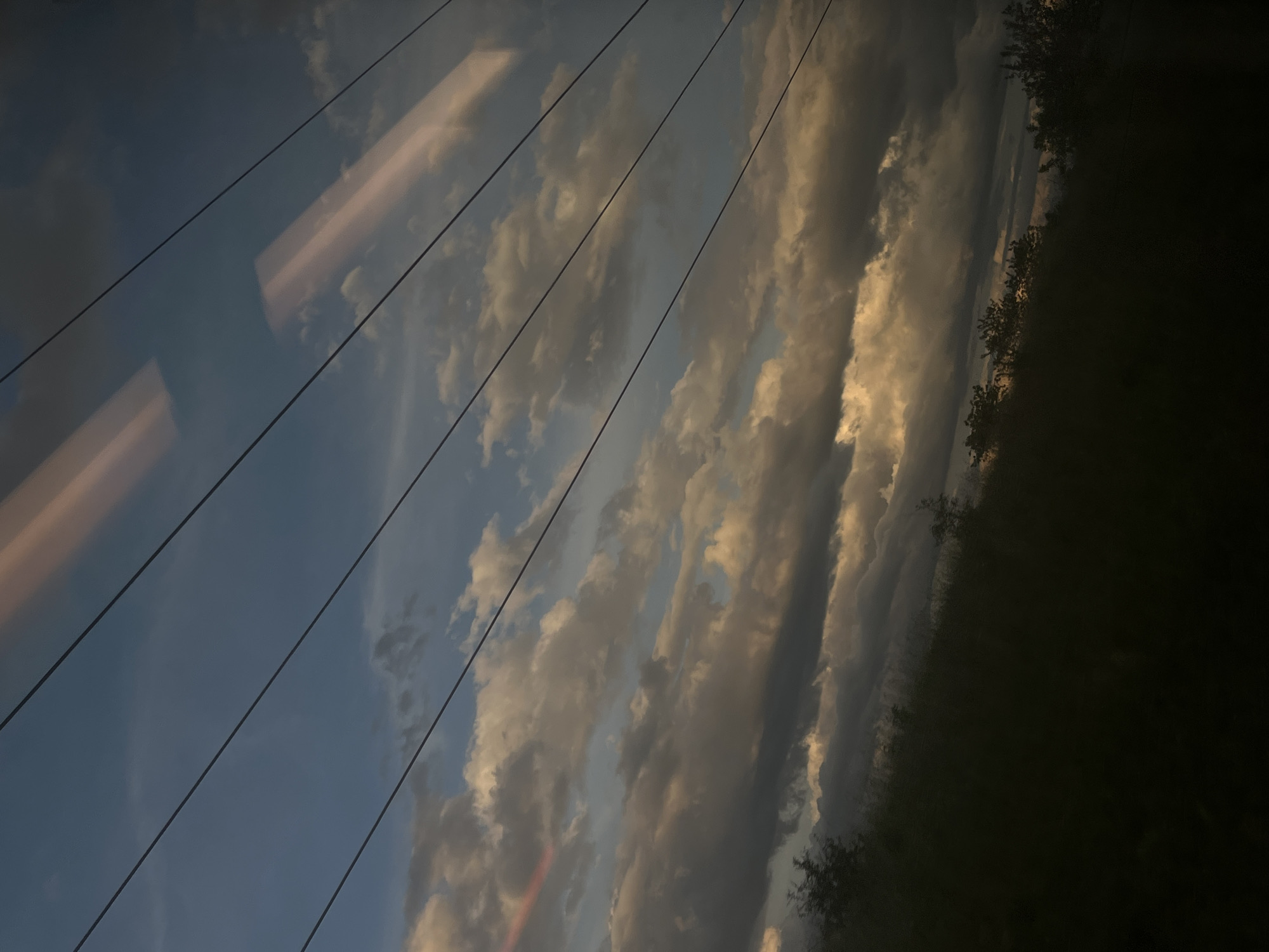 The image depicts a sky filled with dramatic clouds, illuminated by the warm hues of either sunrise or sunset. Several dark, thin wires stretch diagonally across the frame, suggesting they are power lines or telephone wires. There are also rectangular reflections on a surface, possibly a window, which are tinted with soft pinks and whites. Below the sky, a dark, silhouetted band of trees and vegetation forms the horizon line. The overall scene conveys a sense of movement, possibly captured from a moving vehicle like a train or car, given the perspective and the reflections. The location is identified as Erfurt, Germany, but no specific landmarks are visible to confirm this without additional context. There are no people or discernible actions taking place in the image.