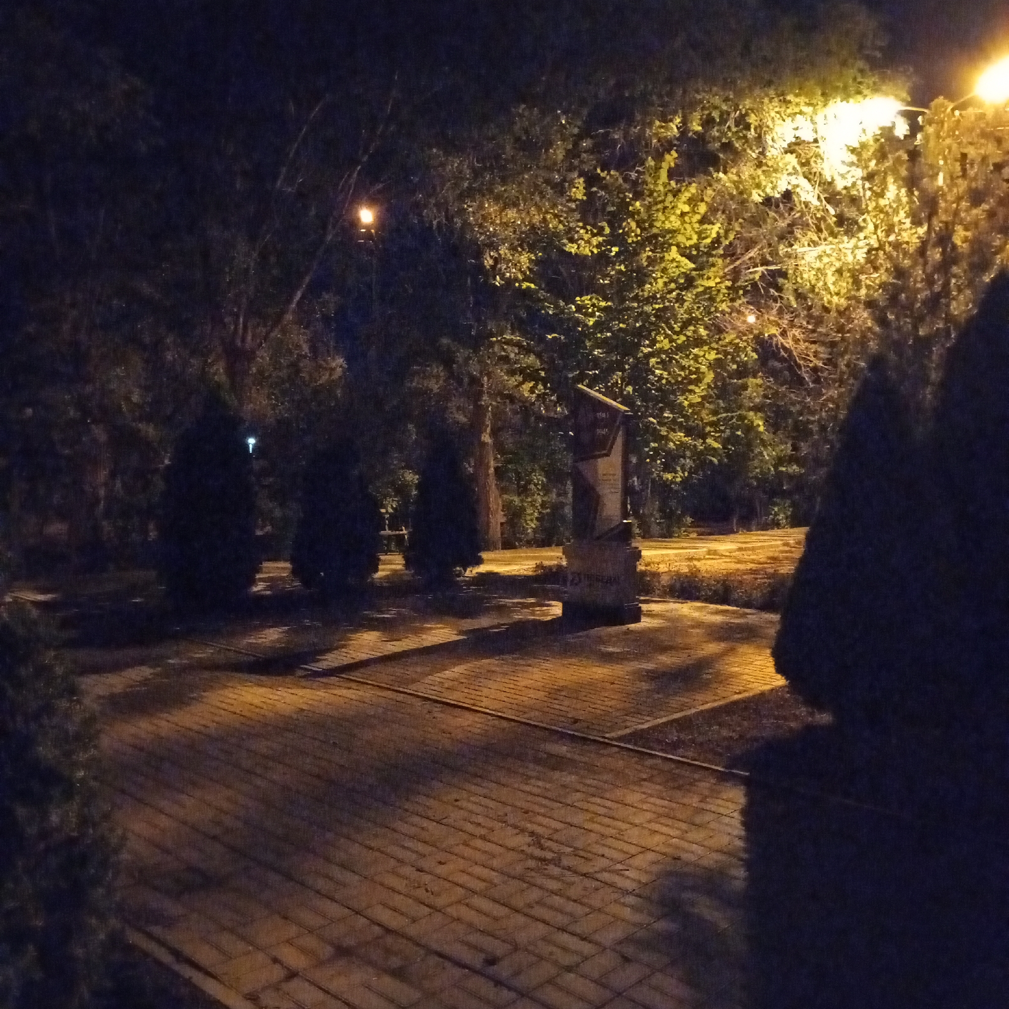 This nighttime image depicts an outdoor scene, likely a park or public square, illuminated by artificial light sources. In the background, a warm-toned street lamp shines brightly through the foliage of trees, casting yellow and green hues on the leaves. To the left, another street lamp is visible, emitting a softer light.
Dominating the center of the frame is a stone monument, possibly a memorial or sculpture, with distinct geometric shapes and carved inscriptions. The monument stands on a tiered base, and some text is visible, appearing to be in Cyrillic script. The area surrounding the monument is paved with rectangular bricks, forming a walkway or plaza. Shadows are cast across the pavement by the monument and surrounding trees, indicating the direction of the light sources.
Several dark, conical-shaped trees or bushes are present on the left side of the image, one of which is in the foreground. The overall atmosphere is tranquil, with no visible people or activity. The image was taken in Astrakhan, Russia, as indicated by the Cyrillic inscription on the monument.