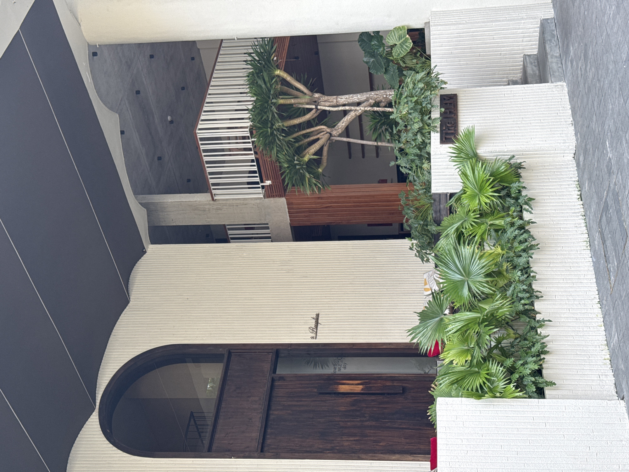 An exterior daytime view captures a section of "The HUB" building in Đà Nẵng, Vietnam. The architecture features modern, minimalist design with prominent textured white, fluted walls and dark grey overhead elements. On the left, a large, dark brown wooden entrance door with a vertical handle is set within an arched, dark-framed opening. Adjacent to the door, a glass panel reflects faint white text, partially visible as "Have a Nice Day," and a dark, stylized "Reception" sign is affixed to the fluted wall. Red seating is partially visible behind a low white planter wall in the immediate foreground. To the right, an open-air section of the building reveals a multi-trunked tree with light-colored bark and spiky green foliage planted within a garden bed. Above this, an upper-level balcony with white vertical railings and a wooden soffit is visible. Various other tropical plants with broad green leaves fill the foreground planters. A dark wooden sign displaying "The HUB" is embedded into the greenery on the right. Two grey concrete steps are positioned to the far right, leading up from the dark grey paver tile ground. No individuals are present in the scene.