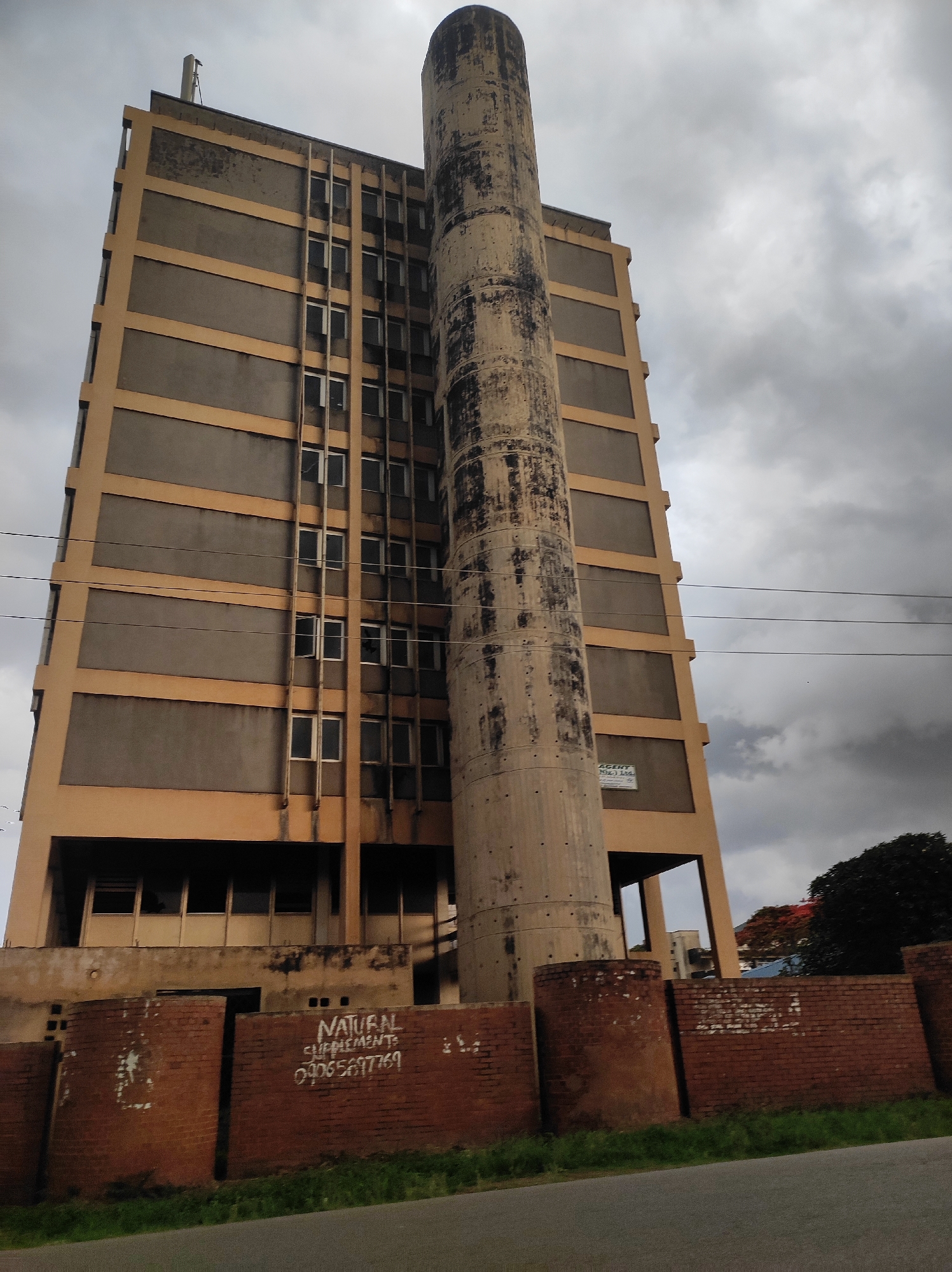 The image depicts a tall, dilapidated building in Jos, Nigeria. The building has a rectangular form with evenly spaced horizontal bands and a vertical cylindrical structure attached to its side. The building is multiple stories high, and many windows are visible. The cylindrical structure is weathered and stained.
At the base of the building is a low brick wall with graffiti on it, including the words "NATURAL SUPPLEMENTS" followed by a phone number. A road and a strip of grass are in front of the wall. Overcast skies and surrounding greenery indicate an outdoor setting.