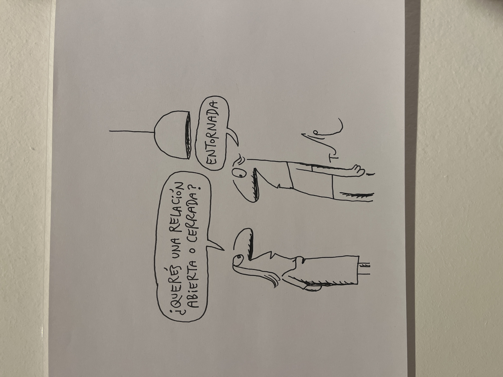 A black ink cartoon on white paper depicts two figures and a floating object. One figure, likely a woman, asks "¿QUERÉS UNA RELACIÓN ABIERTA O CERRADA?" (Do you want an open or closed relationship?). The second figure, likely a man, has a lid or cover floating above his head, and a speech bubble from him says "ENTORNADA" (Slightly open). The setting is not explicitly depicted, so there is no identifiable location in Buenos Aires, Argentina.