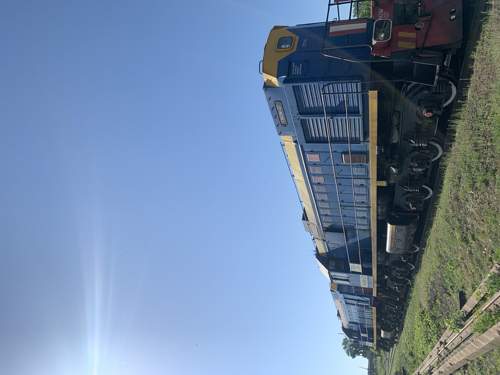 The image shows a blue and yellow diesel locomotive parked on a railway track. The side of the locomotive has the inscription "T3M2YM-227". A red and yellow section is seen near the front. The locomotive is located near a grassy area, and the sky is clear and blue. The OCR indicates "Chaikovsky, Russia," which is the likely location.