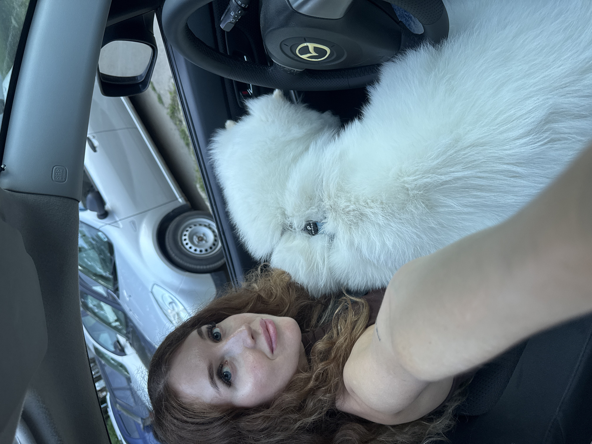 In the city of Chaikovsky, Russia, a Caucasian woman with long, curly brown hair, fair skin, blue eyes, and wearing a brown top, is pictured inside a car. She is positioned in the driver's seat, with her right arm extending towards the camera. A large, fluffy white dog is seated in the passenger seat, obscuring the woman's torso. The dog is wearing a blue collar with a tag. The car's interior is visible, including the steering wheel with a prominent Mazda logo. Outside the car, other vehicles are parked in the background, suggesting a parking lot or street setting. The overall scene is an indoor shot, likely taken during daylight hours.