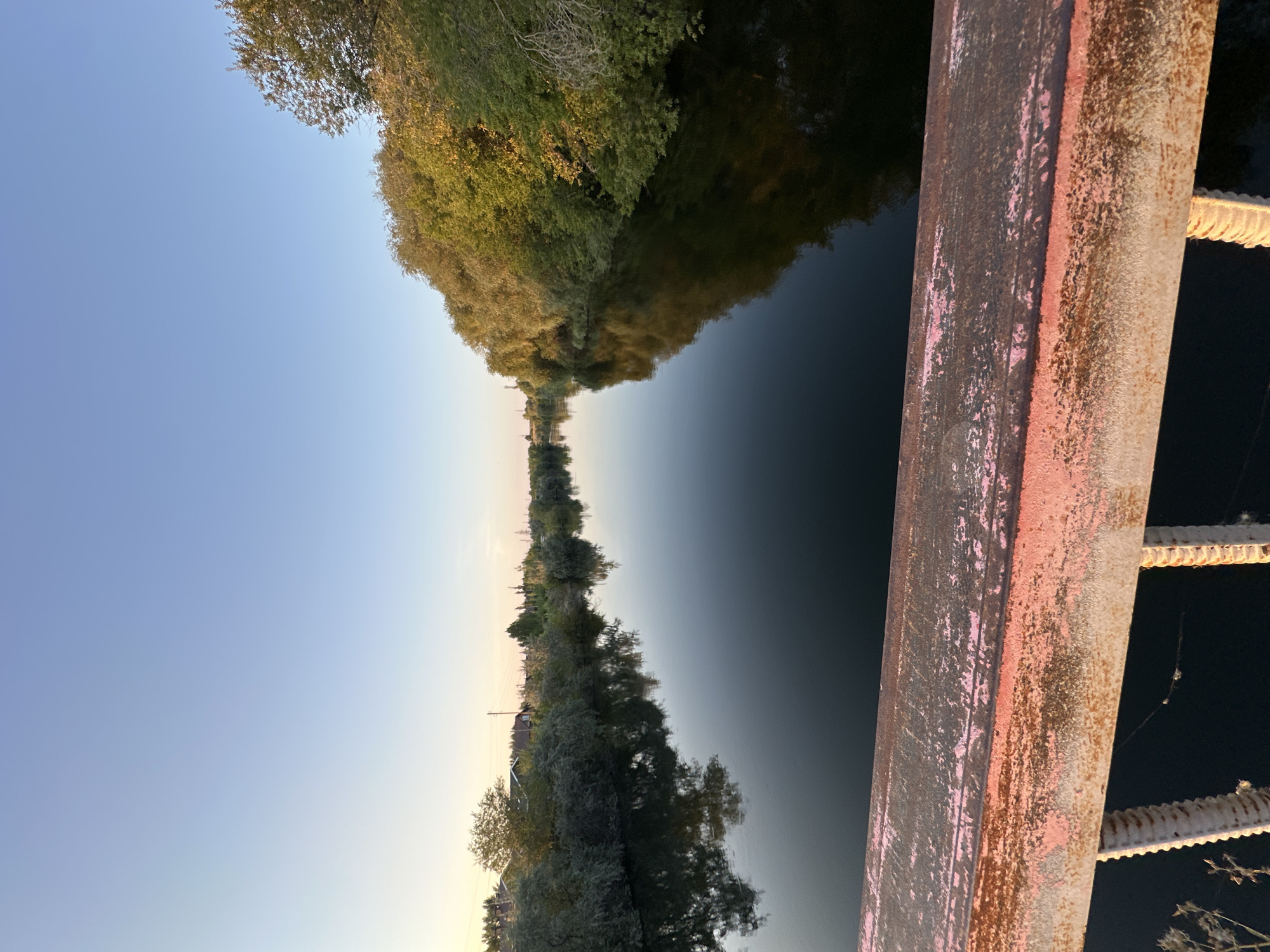 The image depicts a serene river scene at dusk, viewed from what appears to be a bridge. The foreground is dominated by a rusty, weathered railing with peeling pink paint. The river itself is dark and still, reflecting the clear, pale blue sky and the lush greenery lining its banks. The trees on the left bank are dense and cast clear reflections on the water, while the trees on the right bank are illuminated by the warm, golden light of the setting sun. In the distance, on the left bank, hints of houses and utility poles suggest a populated area, possibly the outskirts of the city of Energetik, Russia. The overall atmosphere is peaceful and tranquil, capturing the beauty of nature as day transitions into night.
