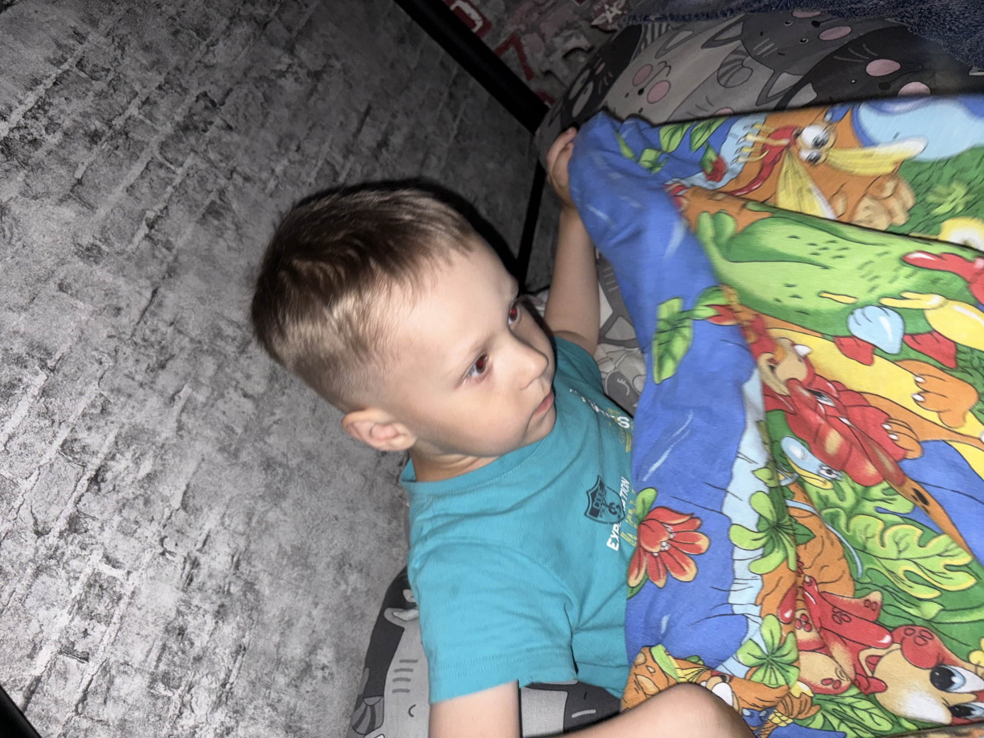 A young child with light brown hair and red eyes, wearing a teal t-shirt, is depicted in a close-up, high-angle indoor shot. The child is positioned on their back, holding a colorful blanket with cartoon illustrations of animals and foliage, primarily in blue, green, orange, and red. The child's left arm is bent, and they are looking towards the right side of the frame with a neutral expression.
The background on the left features a grey, textured wall, possibly resembling brick or stone. On the right, behind the child's head, another pillow with cartoon cat faces in grey and black is visible. A dark, possibly metallic, structure can be seen extending diagonally across the top right, suggesting a bed frame or similar furniture. The lighting appears dim, contributing to the red-eye effect in the child's eyes. The overall scene suggests an indoor setting, likely a bedroom, with the child possibly lying in bed or on a floor near a bed. No specific time of day or weather can be definitively determined, but the indoor setting implies it could be any time. A small amount of text, possibly "EXPLORATION," is partially visible on the child's t-shirt.