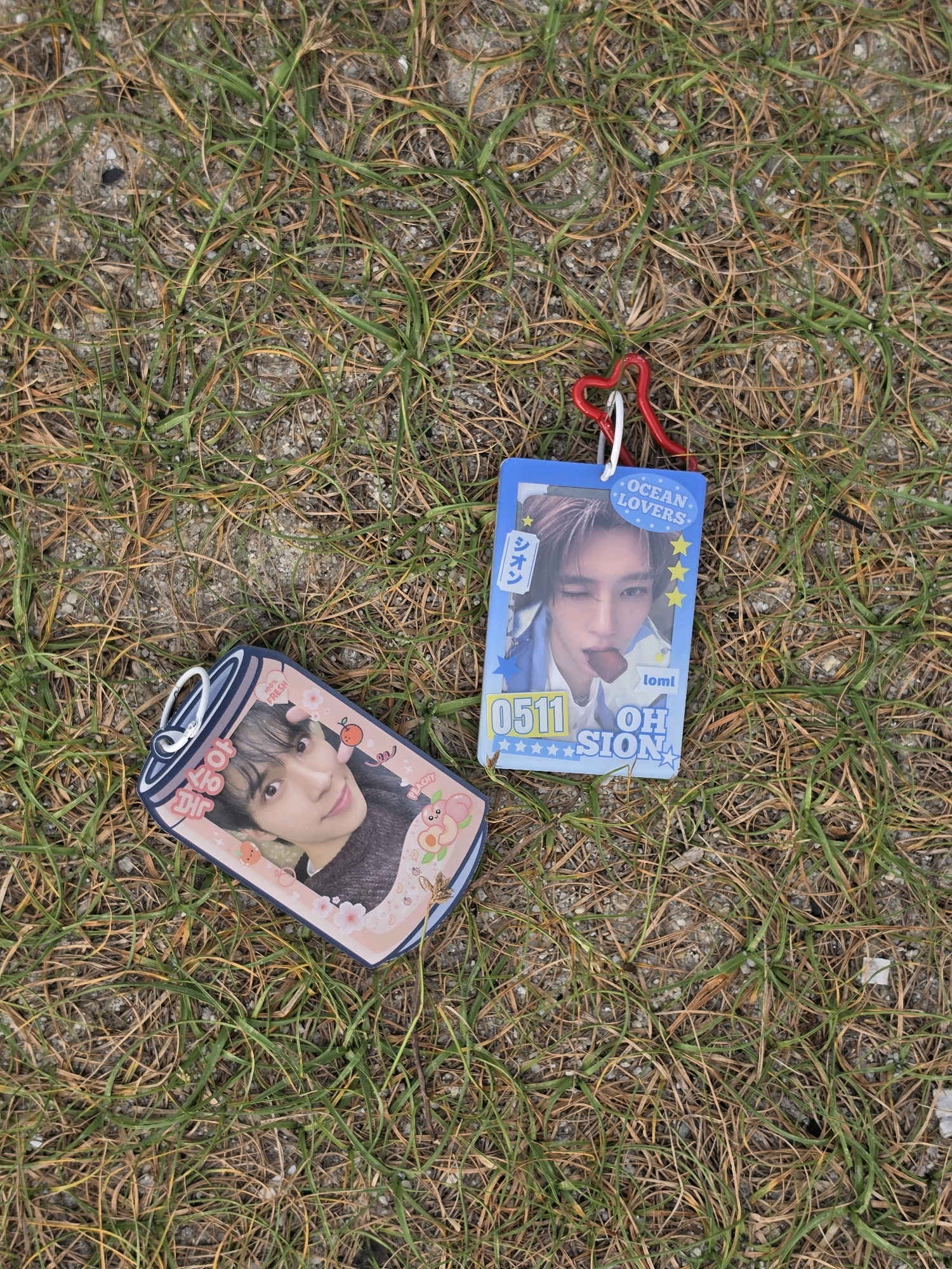 Two fan-made photo cards lie on a patch of dry grass and gravel, which appears to be a roadside or park area in George Town, Malaysia. The card on the left features a person's face on a design resembling a soda can, with Korean text and peach illustrations. The card on the right is a blue rectangular card with a similar person's face, "OCEAN LOVERS" text, stars, and the name "OH SION". Both cards have attached keychains.