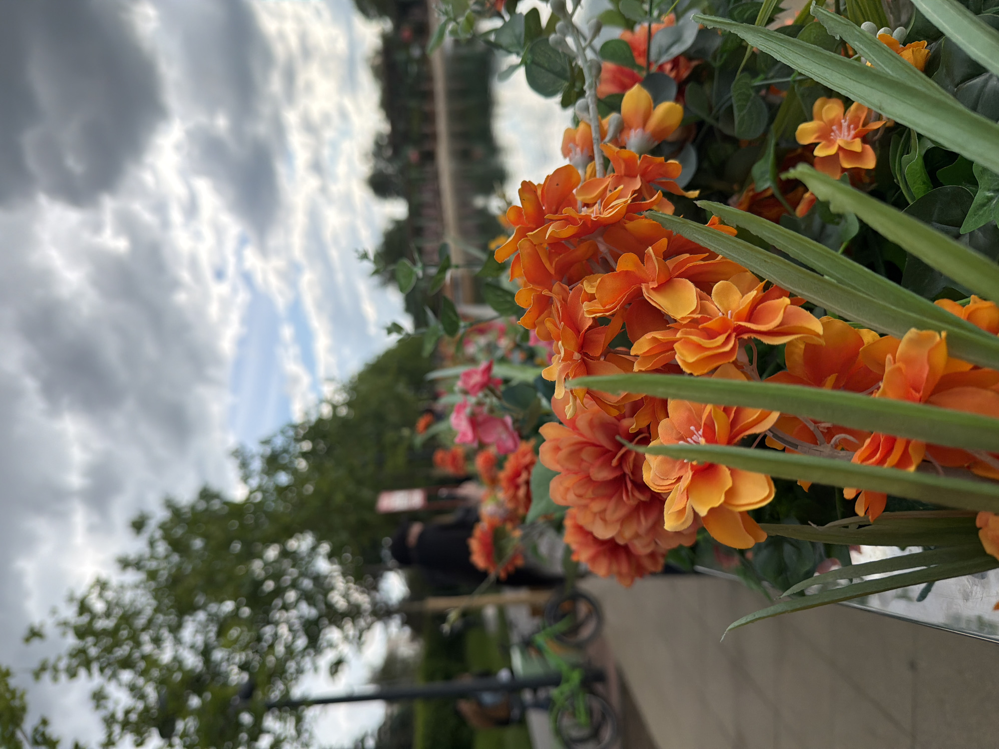 The image shows a flower arrangement with orange and pink flowers and green foliage in the foreground. In the background, there is a blurred scene of a park-like setting with trees and people. Two green scooters are partially visible in the midground. The sky above is cloudy with patches of blue. Given the presence of the flowers, foliage, scooters, and a park-like setting with people, it is possible that this image was taken in a public outdoor space. It is not possible to determine the specific location in Moscow, Russia without additional information.