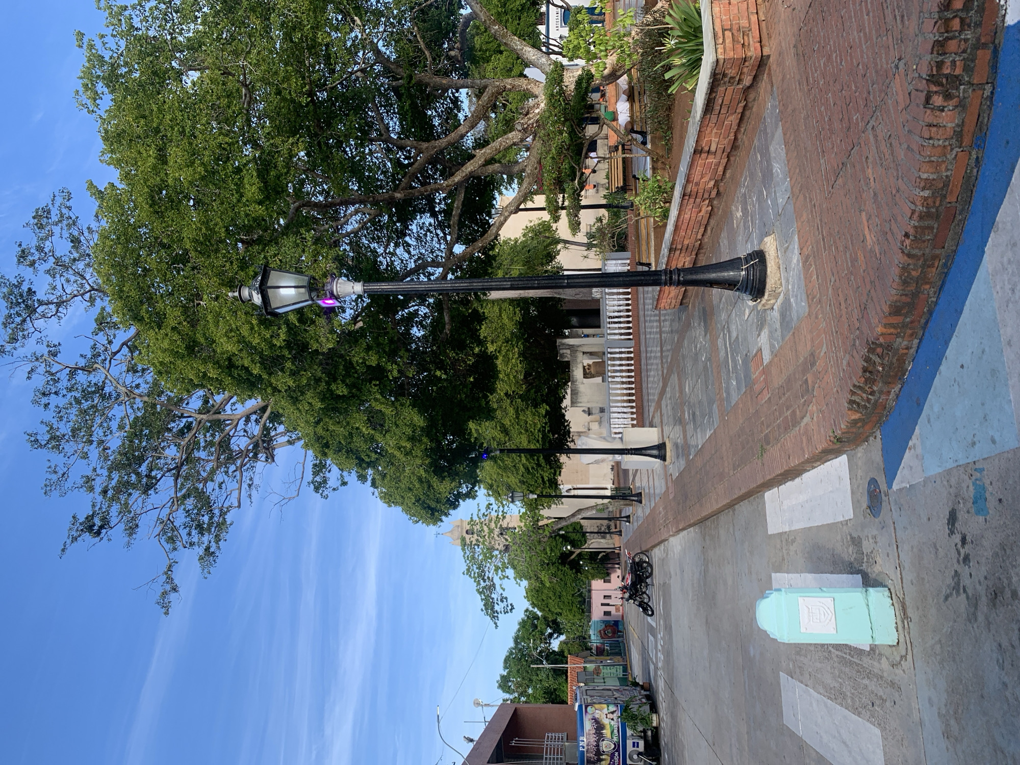 The image depicts a public square in La Asuncion, Venezuela, bathed in natural light under a clear blue sky with wispy clouds. A prominent black lamppost with a decorative base stands in the foreground, topped by a lantern with a purple light. Adjacent to the lamppost, a tree with a broad canopy and thick branches dominates the right side of the frame.
The square features brick paving and stone tiles, with a low brick wall bordering a garden area containing green plants and a bench. Two individuals are seated on the bench, one appearing to be resting. A white railing, topped with decorative balusters, forms a boundary further into the square. Beyond this, a building with a bell tower is visible in the background, suggesting it might be a church.
To the left of the lamppost, a street is visible, marked with a crosswalk. A light blue, monument-like structure with a crest or emblem is situated on the crosswalk. Parked on the street are two motorcycles. Further down the street, a colorful trailer with graphics and text is parked, and on the left, a building with a red facade and white railings is visible. The overall atmosphere is serene and suggests a quiet moment in the city.