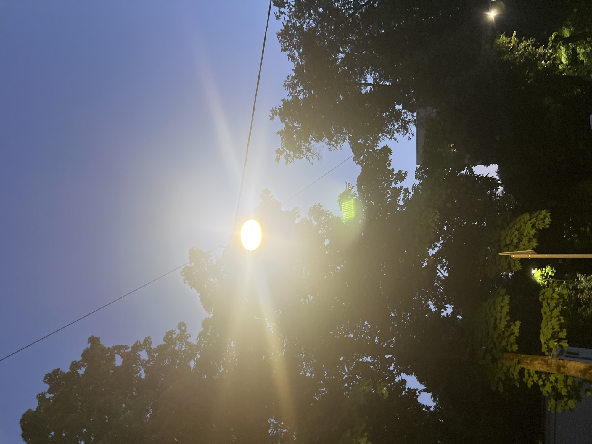 An upward-facing, low-angle photograph captures a twilight street scene in Unknown, Russia, dominated by a brightly illuminated circular street lamp. The lamp, positioned slightly above the central horizontal axis and to the right of the central vertical axis, emits a strong yellow-white light with pronounced lens flares emanating diagonally downwards and to the left, as well as subtly outwards in other directions. A dark, thin utility wire extends diagonally across the upper right quadrant of the image, passing directly over the primary light source.
The upper portion of the frame depicts a clear, deep blue twilight sky, transitioning to a lighter blue-grey gradient closer to the bright lamp. The lower three-quarters of the image are densely filled with the dark, silhouetted foliage of large deciduous trees, primarily appearing in deep greens and blacks due to the backlighting. Some leaves, particularly those closest to the main lamp, are illuminated with a warm, yellowish-green glow by its direct light.
In the bottom left corner, a portion of a tree trunk with lighter, textured bark is visible, along with patches of distinctly green foliage. To its immediate right, partially obscured by dense foliage, is a faint light-colored structure, possibly a building or wall. Further into the dark lower right, a secondary, less intense light source, likely another street lamp, casts a faint, yellowish glow from behind the tree line. In the distance, through the gaps in the canopy, faint outlines of buildings are discernible against the fading light, with one appearing to show a small, warm light from a window. No people or animals are visible.
