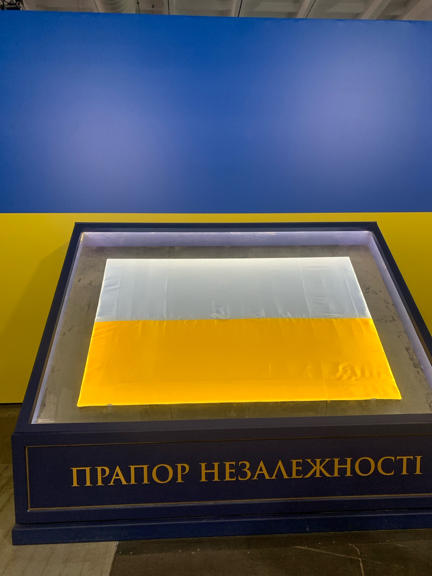 A Ukrainian flag, displayed horizontally with a blue stripe on top and a yellow stripe below, is presented in a glass-covered display case. The case is mounted on a dark blue, rectangular pedestal with gold lettering that reads "ПРАПОР НЕЗАЛЕЖНОСТІ" (Flag of Independence). The background consists of large blue and yellow panels, mirroring the colors of the flag. The scene is indoors, with visible ceiling elements suggesting a museum or exhibition space. The lighting is soft and ambient, highlighting the flag within the display. No people are present in the image. The location is stated to be Kyiv, Ukraine.