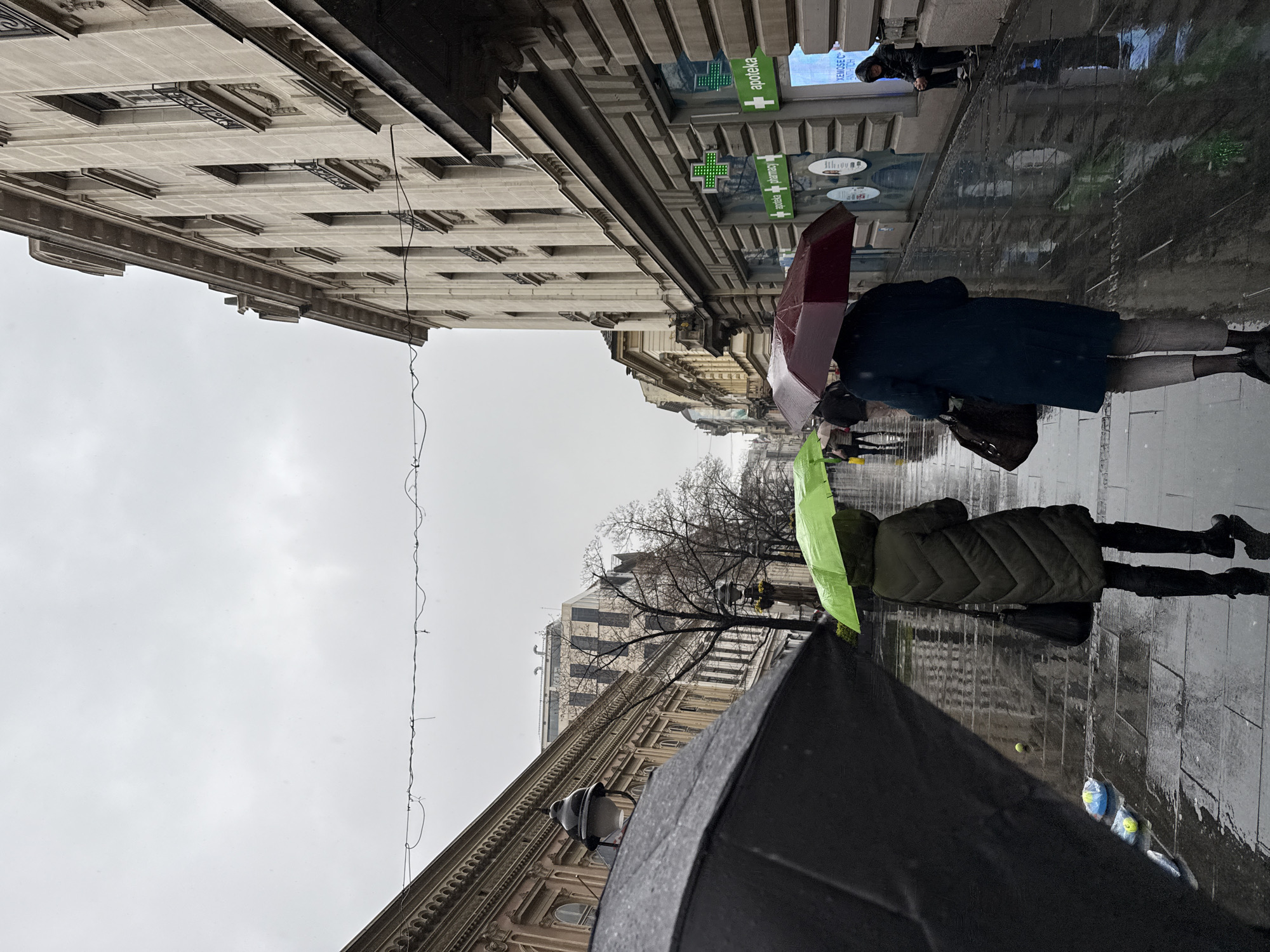 The image depicts a rainy daytime scene on a pedestrian street in central Belgrade, Serbia, likely Knez Mihailova Street, characterized by historic buildings. The sky is uniformly overcast and grey, and the dark pavement is wet and highly reflective from the rain, indicating active precipitation.
In the foreground, the upper portion of a large black umbrella occupies the bottom left. Directly in front of it, on the wet pavement, are several items: a yellow-green tennis ball, two clear plastic bags containing a blue and a yellow object respectively, and a flat, dark rectangular item.
Two individuals walk away from the viewer in the central foreground. The person on the left wears a dark olive-green quilted hooded jacket and dark boots, carrying a black shoulder bag, and holding a bright lime-green umbrella. The person on the right wears a dark blue-green long coat, light trousers, and dark shoes, carrying a dark brown shoulder bag, and holding a dark red/maroon umbrella.
Further down the street, other indistinct figures under umbrellas are visible, also walking away.
On the right side of the street, a multi-story building with a light-colored, ornate stone facade features tall windows, some with dark wrought iron balconies. At street level, an "apoteka" (pharmacy) is visible, marked by two illuminated green cross signs and the words "apoteka" in Cyrillic and "pharmacy" in Latin script. Near the pharmacy entrance, a person in a dark hooded jacket sits on a low ledge or step, looking downwards.
On the left side of the street, older, ornate buildings with classical architectural details and arched windows line the thoroughfare. A black streetlamp with a curved arm is partially visible on this side. Overhead, a string of dark wires or decorative lights spans the width of the street. Bare trees are visible further down the street between buildings.