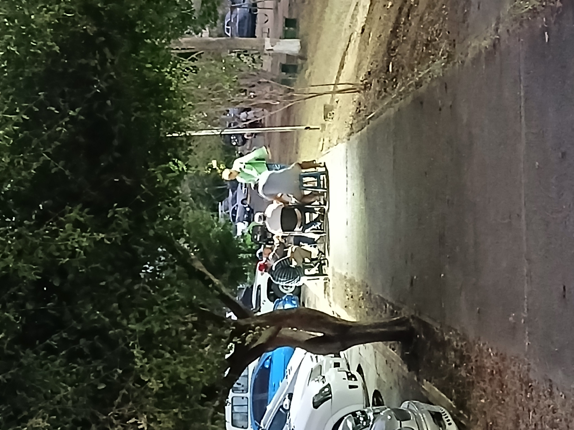 The image depicts a street scene in Ciudad Guayana, Venezuela, possibly a park or recreational area. A group of people is seated along a paved path, appearing to be engaged in some sort of activity, possibly eating or socializing. A tree is visible on the left side of the image, partially obscuring the view. Cars are parked along the right side of the path. The scene is illuminated by artificial light, suggesting it is nighttime.