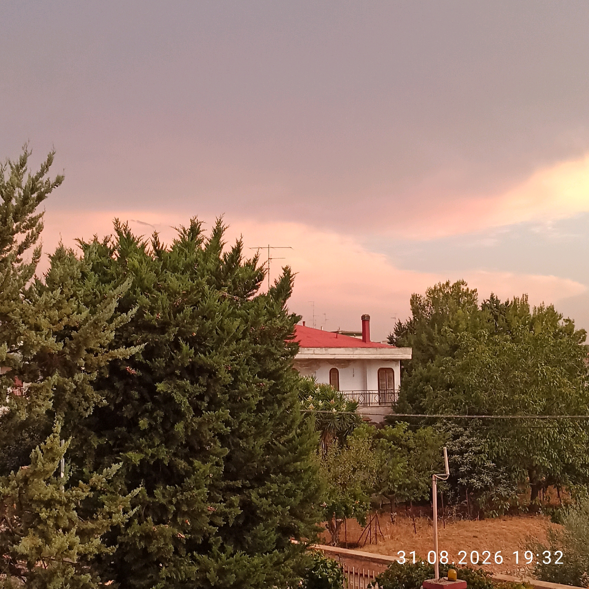 This is an outdoor, eye-level, medium shot photograph taken in Bitonto, Italy. The scene depicts a residential area with lush green trees in the foreground and middle ground. A white building with a red tiled roof and a red chimney is visible behind the trees, suggesting it is a house. The sky is overcast with soft hues of pink and orange, indicating either sunrise or sunset. The overall impression is of a peaceful, natural environment within a town. A timestamp "31.08.2026 19:32" is superimposed on the lower right portion of the image.