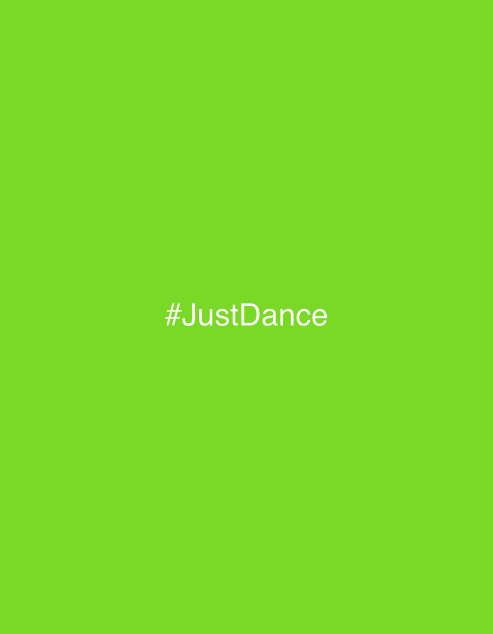 The image displays a uniform lime green background. Centered on this background is the white alphanumeric string '#JustDance'. No individuals, complex objects, or discernible actions or interactions are present within the frame. The scene is devoid of environmental details beyond the singular color plane. Location: city of Unknown, Unknown.