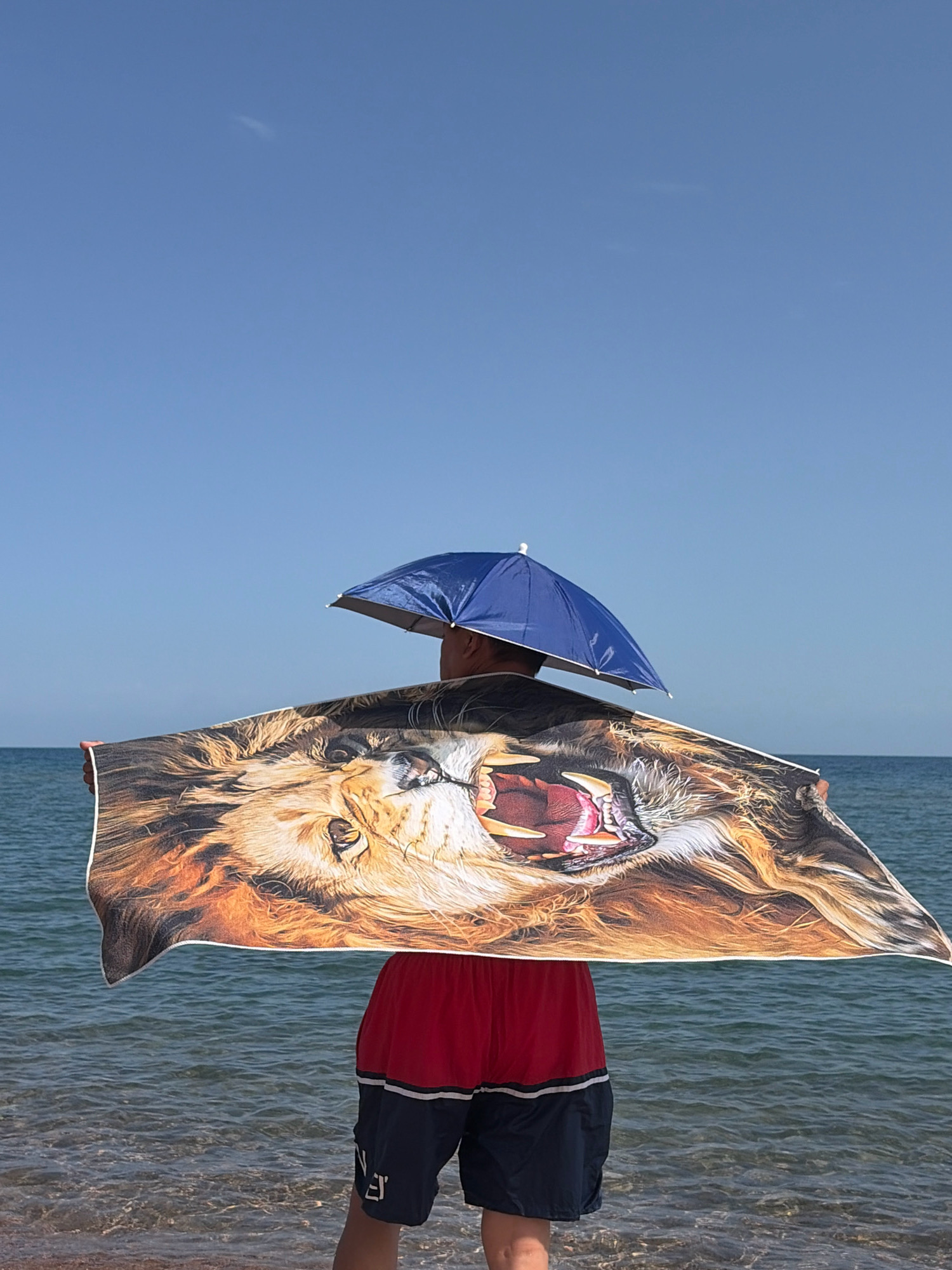 A person is standing at the edge of a body of water, holding up a beach towel with a roaring lion's face printed on it, partially obscuring their face. The person is also holding a small blue umbrella above their head. They are wearing red and navy blue shorts. The water is a clear, greenish-blue, and the sky is a bright, cloudless blue. The person appears to be at a beach or shoreline. The location is the city of Тосор, Kyrgyzstan.