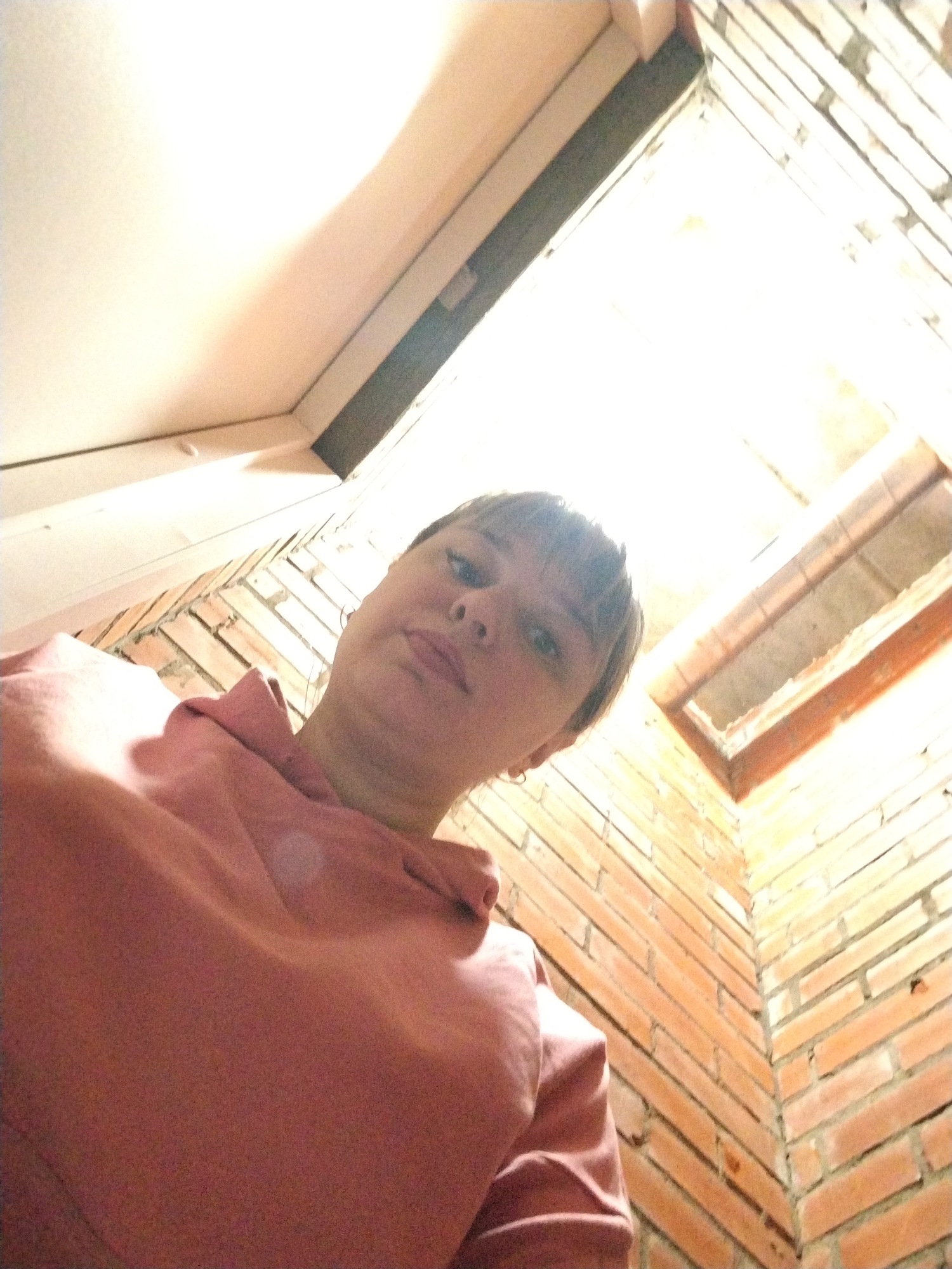 A young person, likely female, is shown in a close-up selfie taken from a low angle. She has light skin, short light-brown hair with bangs, and is looking directly at the camera with a neutral to slightly serious expression. She is wearing a pink or peach-colored hooded sweatshirt, with her upper torso and face visible in the frame.
The background is an indoor setting featuring prominent exposed brick walls, which are reddish-brown with light mortar lines, suggesting a rustic or unfinished interior. Above and behind the person, a brightly lit area indicates an opening in the ceiling or an upper level, possibly a skylight or a void, framed by lighter-colored material and further brickwork. The bright, diffuse lighting appears to originate from this overhead opening. The scene gives the impression of a candid moment captured in an interior space with distinctive architectural elements. No visible text is present.